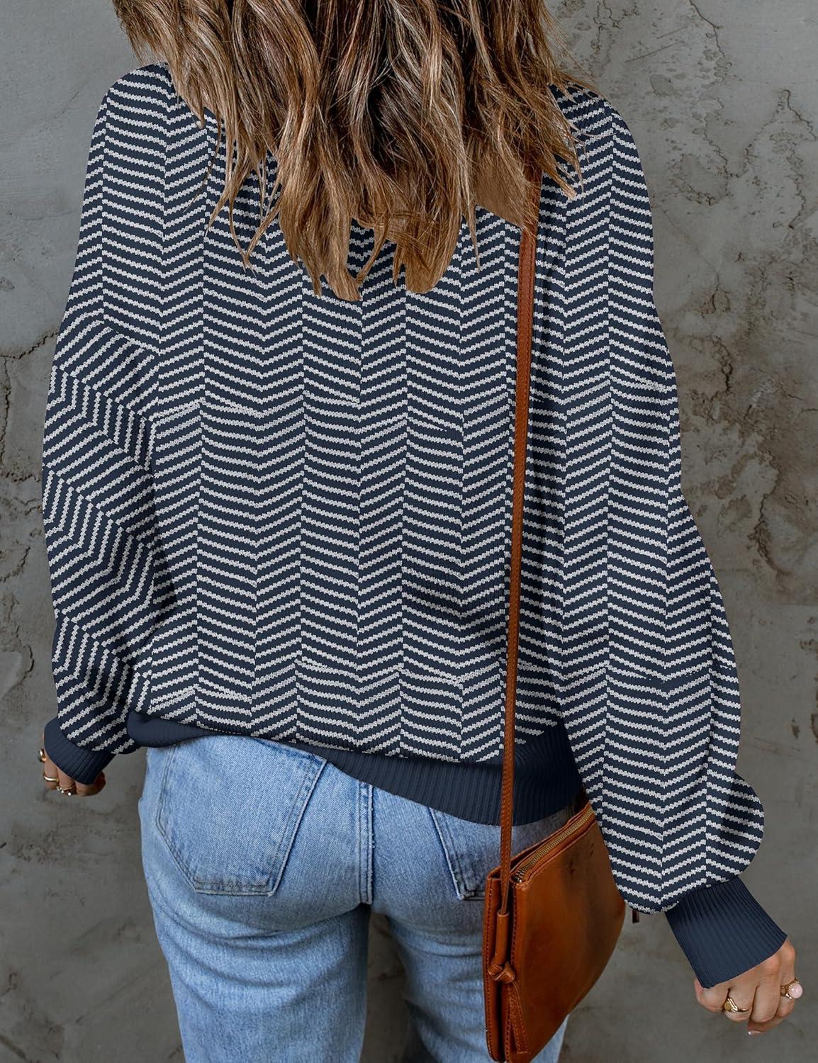 imageZESICA Womens 2026 Spring Fashion Turtleneck Long Sleeve Striped Ribbed Knit Loose Pullover Sweater TopsNavystripe