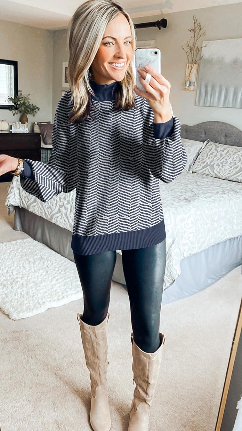 imageZESICA Womens 2026 Spring Fashion Turtleneck Long Sleeve Striped Ribbed Knit Loose Pullover Sweater TopsNavystripe