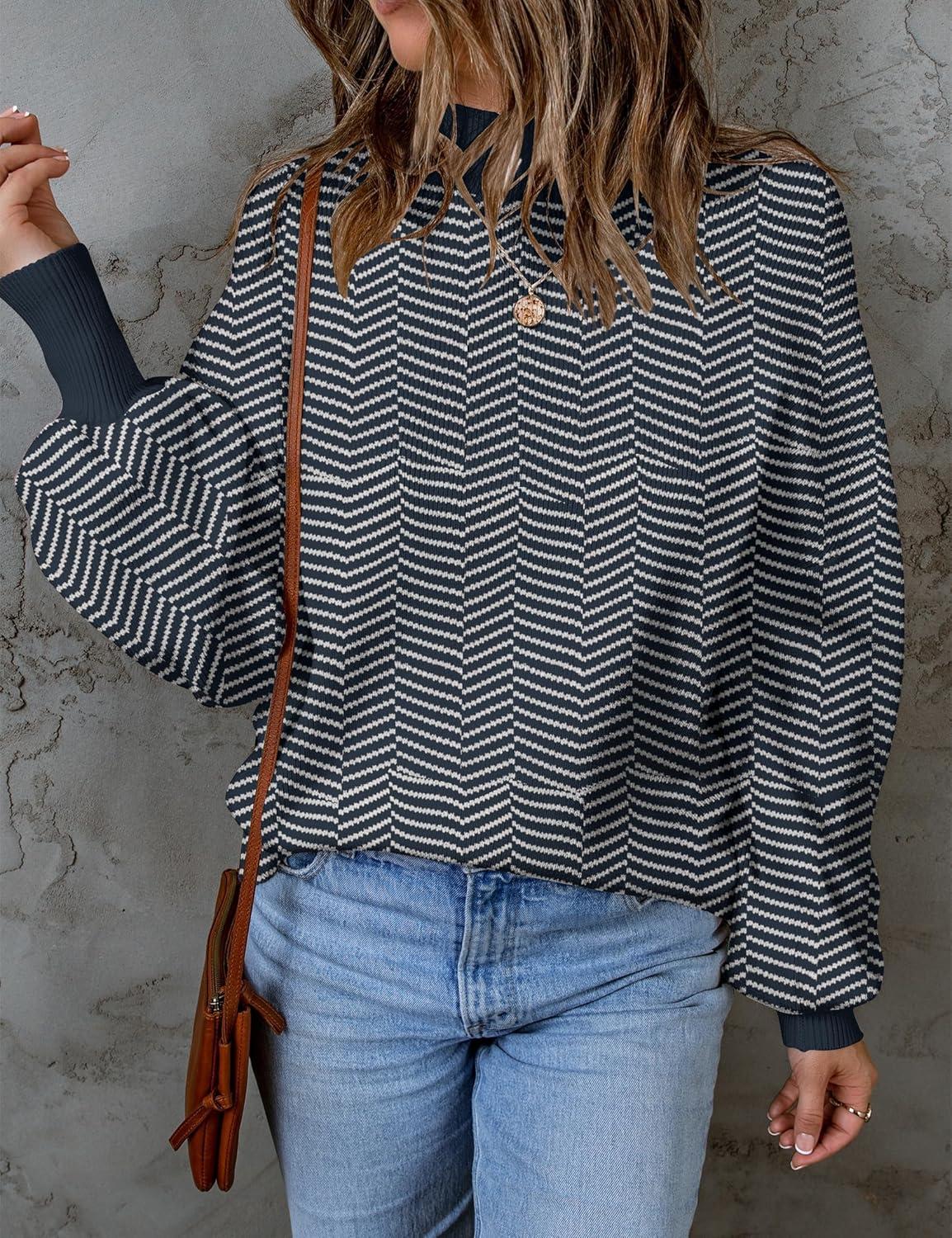 imageZESICA Womens 2026 Spring Fashion Turtleneck Long Sleeve Striped Ribbed Knit Loose Pullover Sweater TopsNavystripe