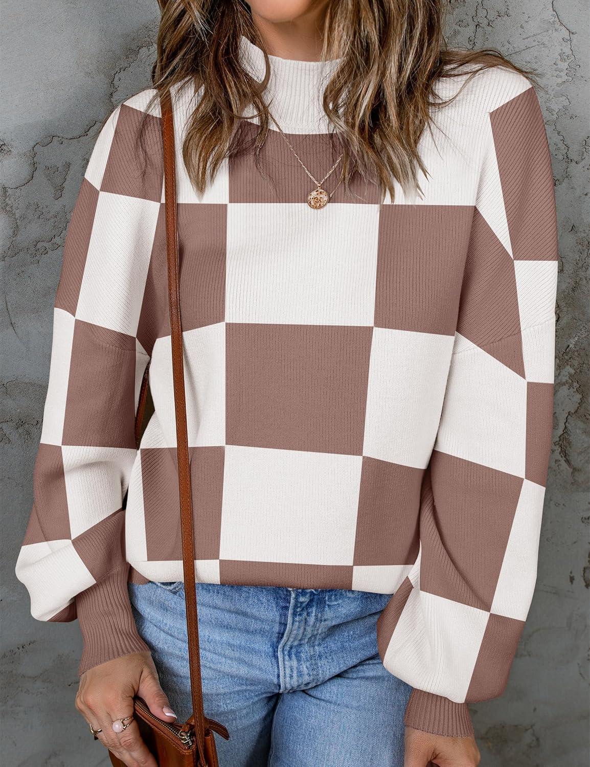 imageZESICA Womens 2026 Spring Fashion Turtleneck Long Sleeve Striped Ribbed Knit Loose Pullover Sweater TopsNutmeg