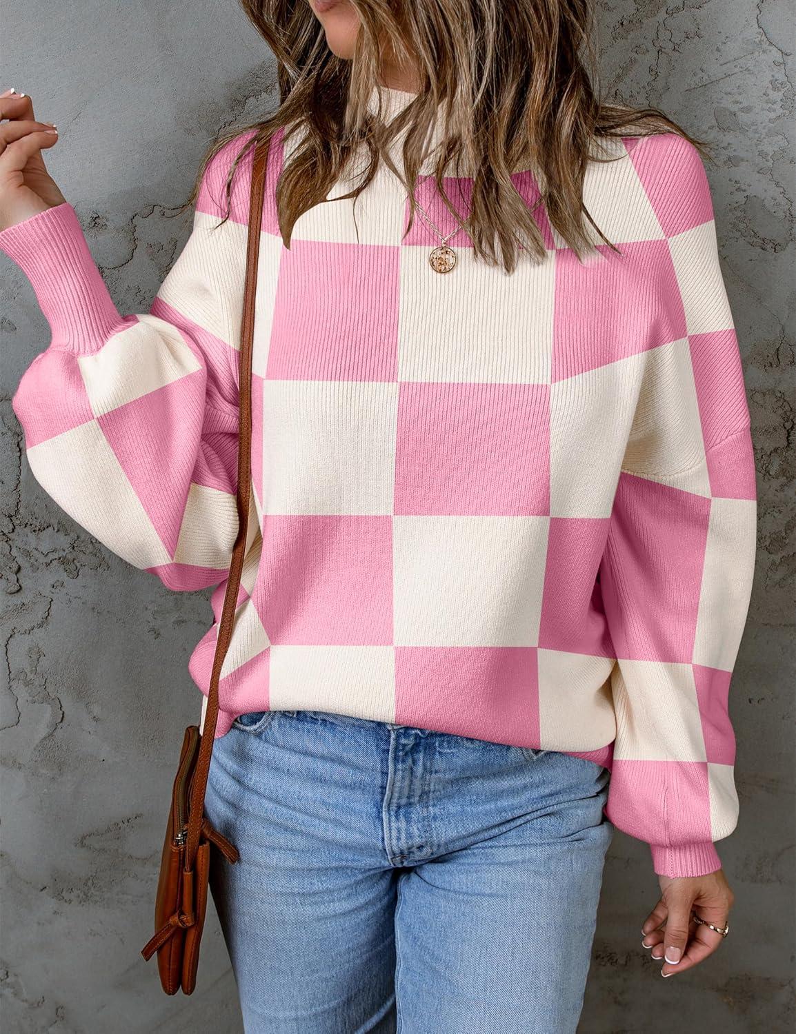 imageZESICA Womens 2026 Spring Fashion Turtleneck Long Sleeve Striped Ribbed Knit Loose Pullover Sweater TopsPinkplaid