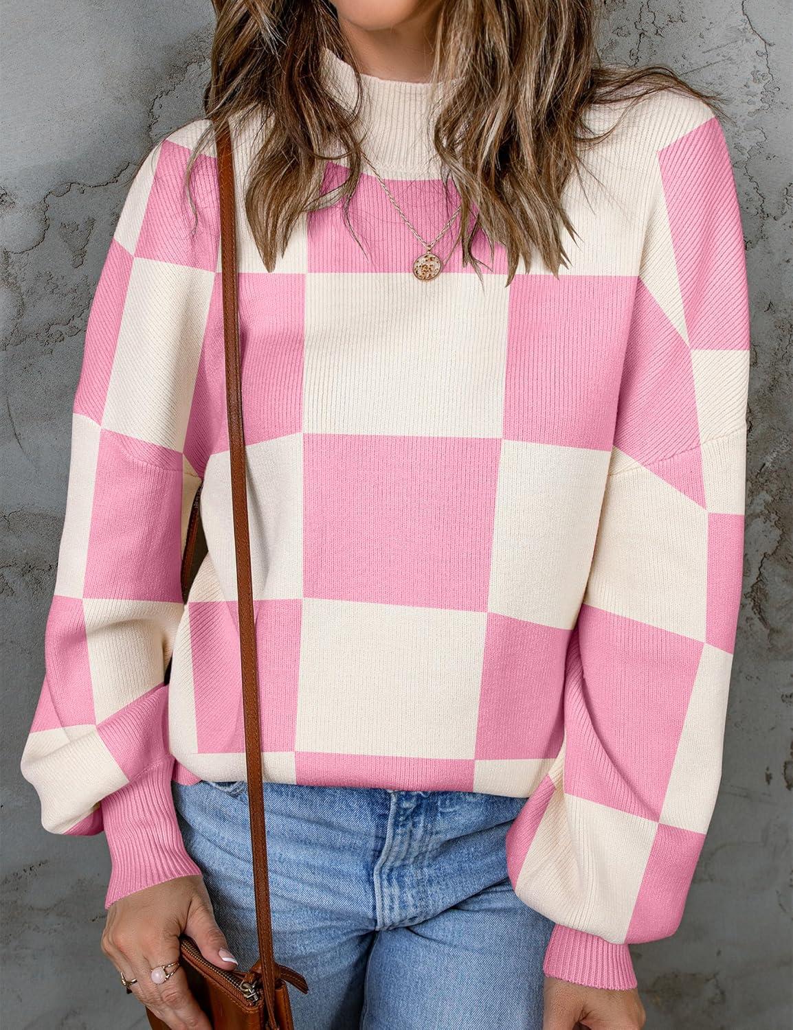 imageZESICA Womens 2026 Spring Fashion Turtleneck Long Sleeve Striped Ribbed Knit Loose Pullover Sweater TopsPinkplaid