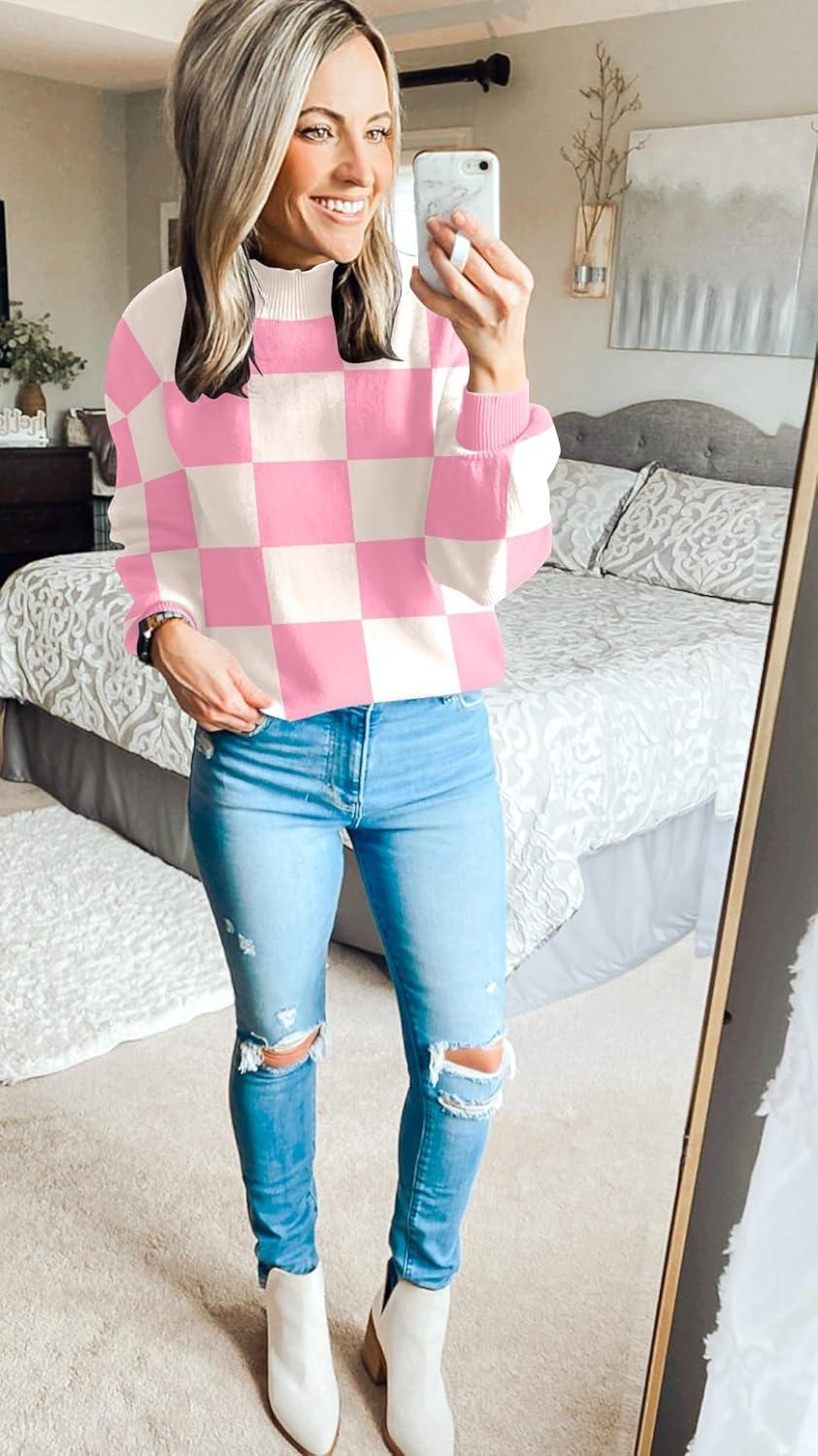 imageZESICA Womens 2026 Spring Fashion Turtleneck Long Sleeve Striped Ribbed Knit Loose Pullover Sweater TopsPinkplaid