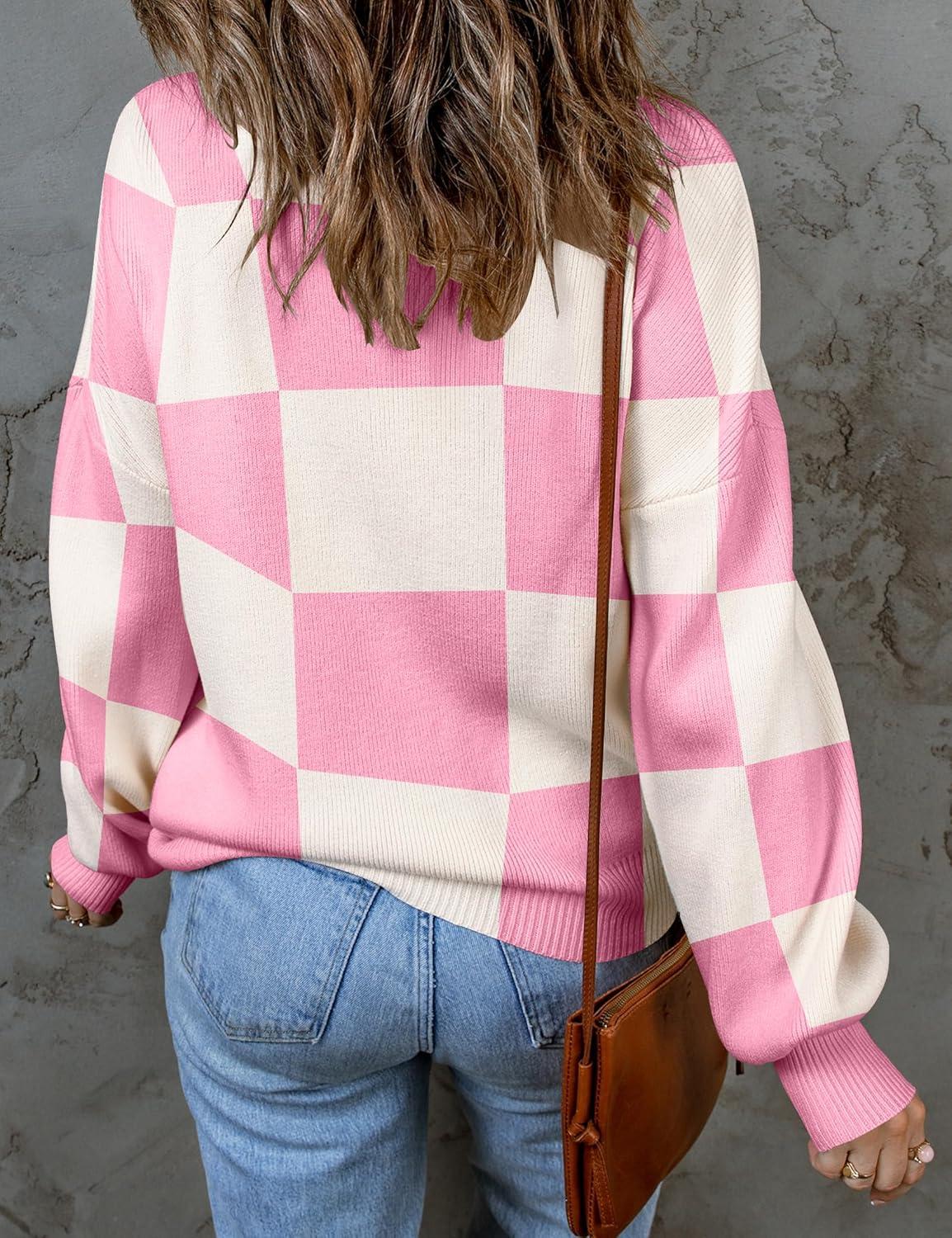 imageZESICA Womens 2026 Spring Fashion Turtleneck Long Sleeve Striped Ribbed Knit Loose Pullover Sweater TopsPinkplaid