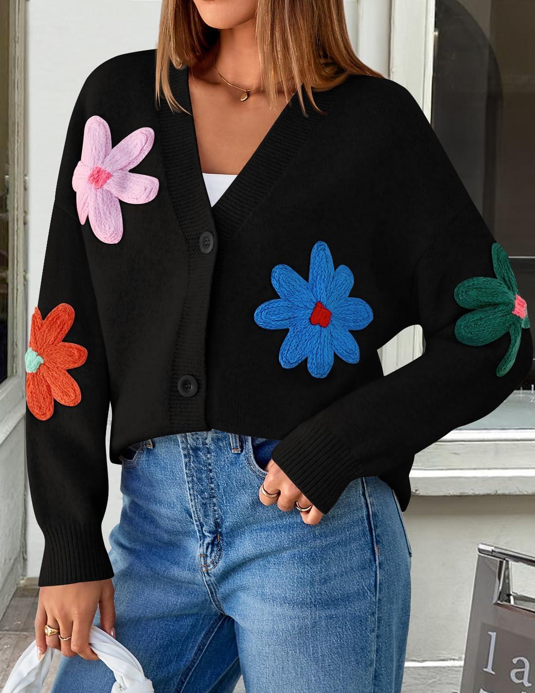imageZESICA Womens 2026 Spring Floral Cardigan Sweaters Casual Long Sleeve Open Front Button Down V Neck Knit SweaterBlack
