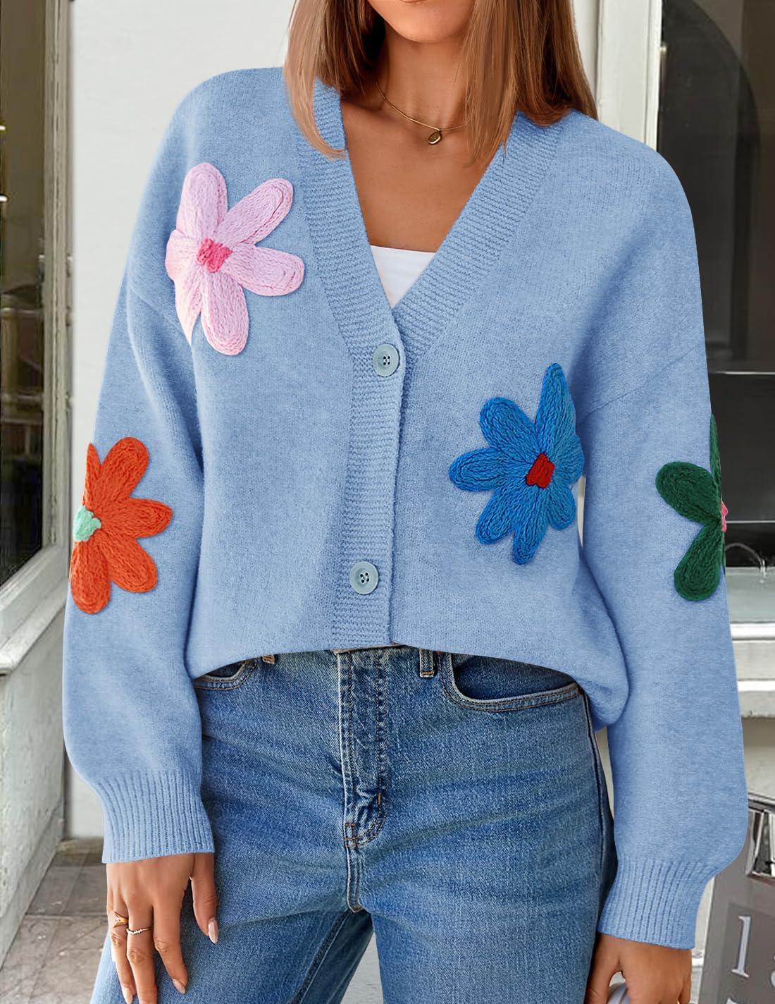 imageZESICA Womens 2026 Spring Floral Cardigan Sweaters Casual Long Sleeve Open Front Button Down V Neck Knit SweaterBlue
