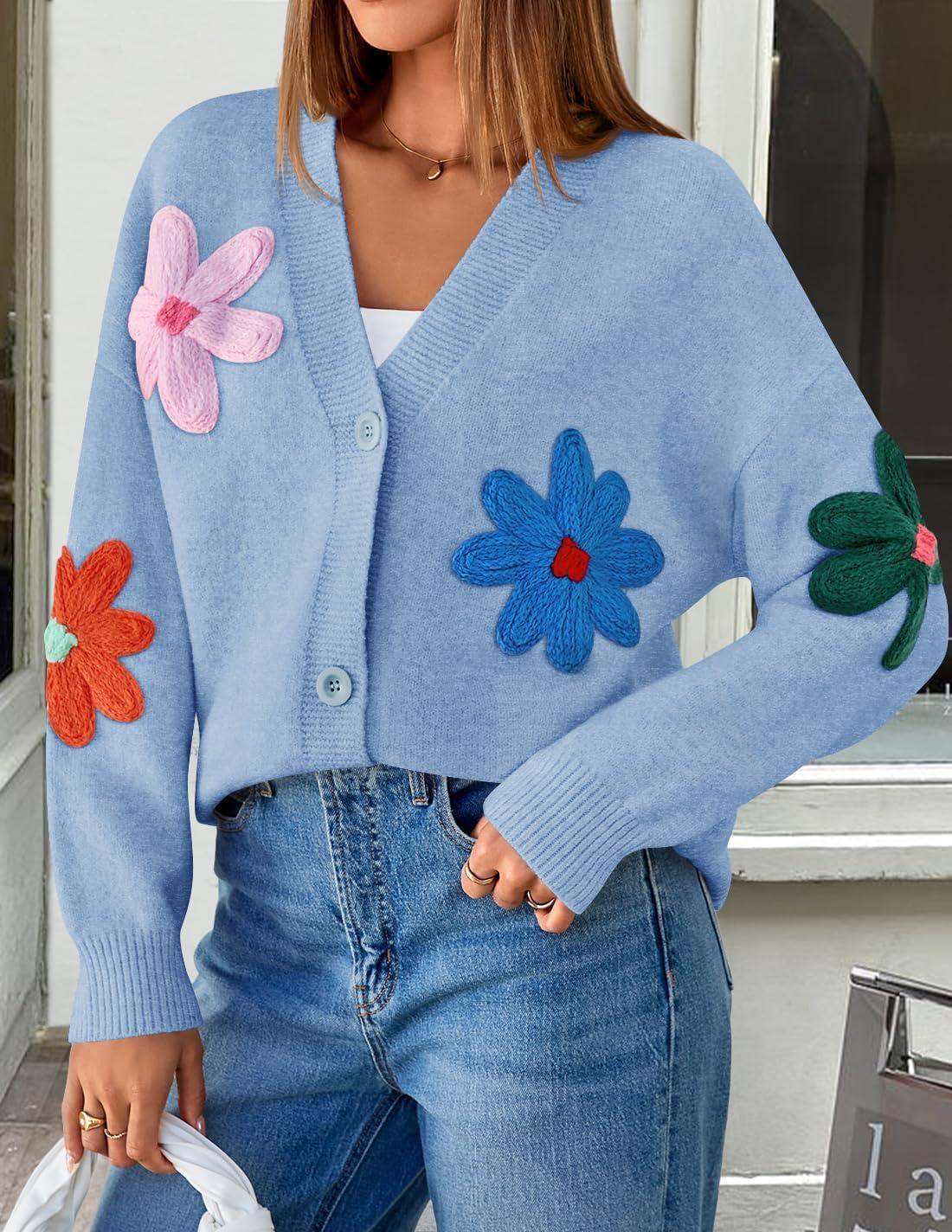 imageZESICA Womens 2026 Spring Floral Cardigan Sweaters Casual Long Sleeve Open Front Button Down V Neck Knit SweaterBlue