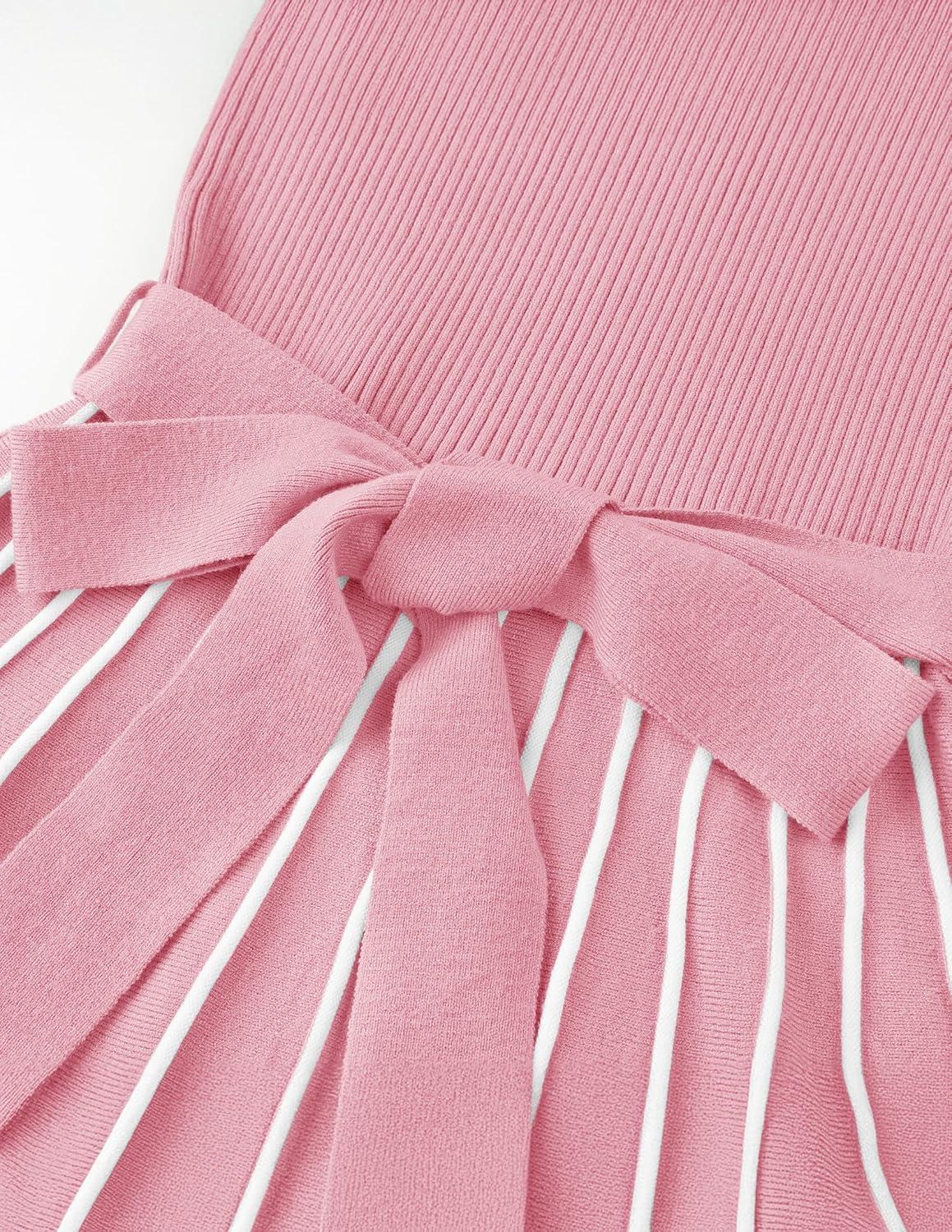imageZESICA Womens 2026 Spring Turtleneck Long Sleeve Sweater Dress Tie Waist Casual Loose Ribbed Knit A Line Midi DressesPink