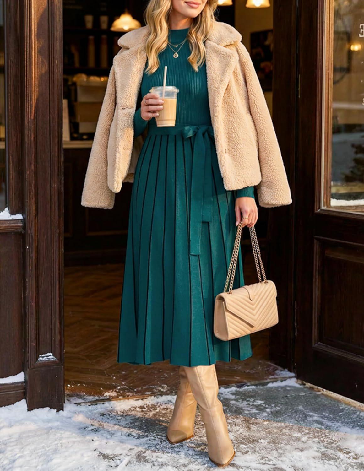 imageZESICA Womens 2026 Spring Turtleneck Long Sleeve Sweater Dress Tie Waist Casual Loose Ribbed Knit A Line Midi DressesTeal