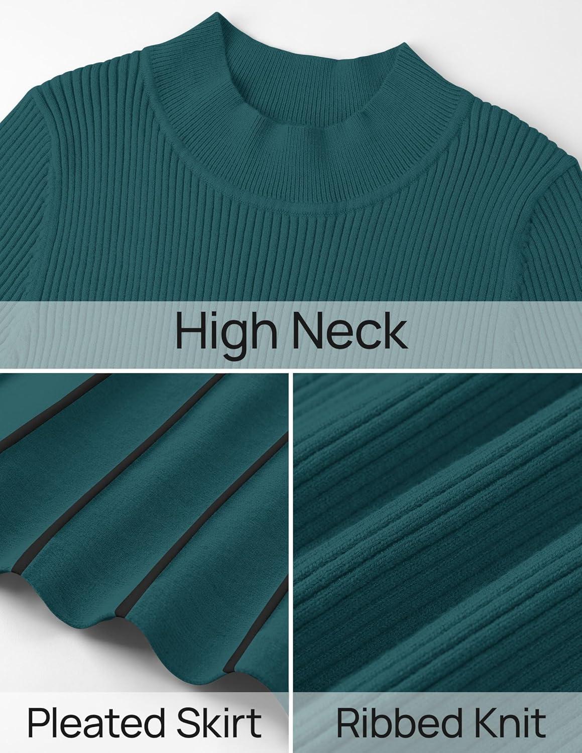 imageZESICA Womens 2026 Spring Turtleneck Long Sleeve Sweater Dress Tie Waist Casual Loose Ribbed Knit A Line Midi DressesTeal