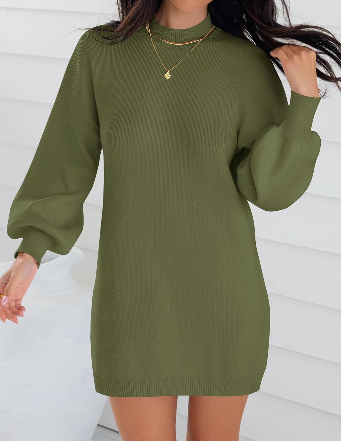 imageZESICA Womens 2026 Spring Turtleneck Sweater Dress Oversized Long Lantern Sleeve Casual Knit Pullover Mini DressesArmygreen