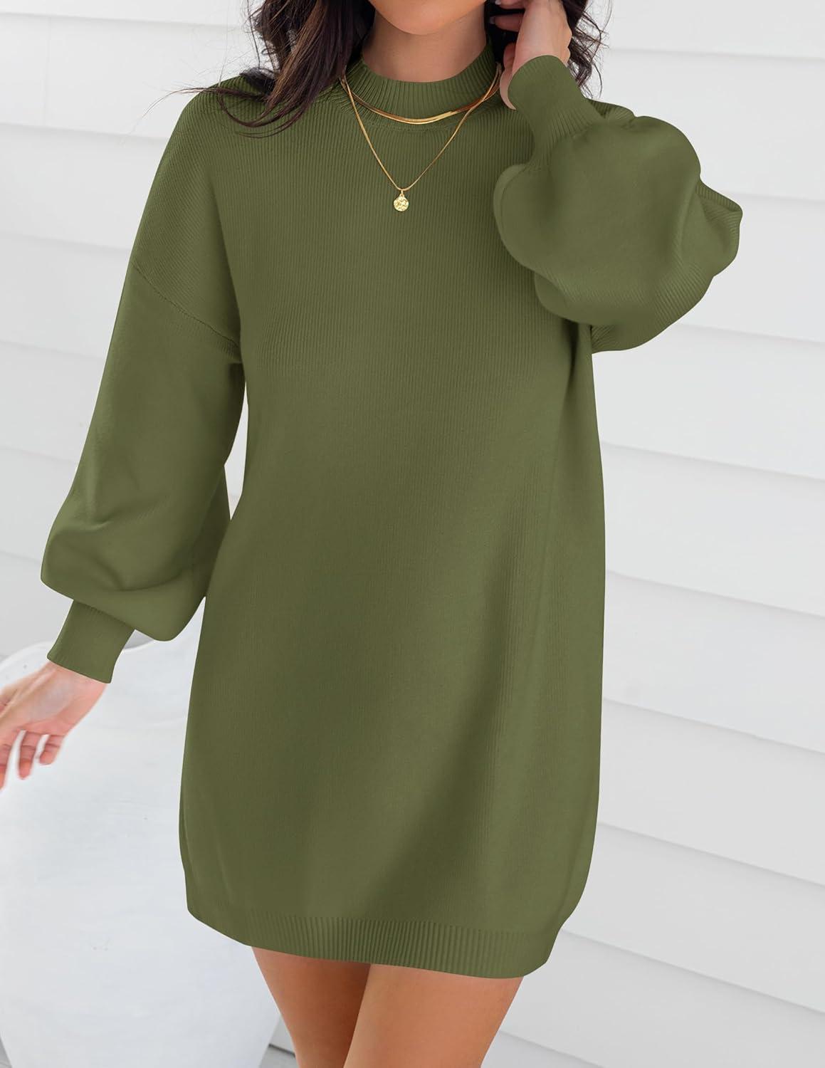 imageZESICA Womens 2026 Spring Turtleneck Sweater Dress Oversized Long Lantern Sleeve Casual Knit Pullover Mini DressesArmygreen