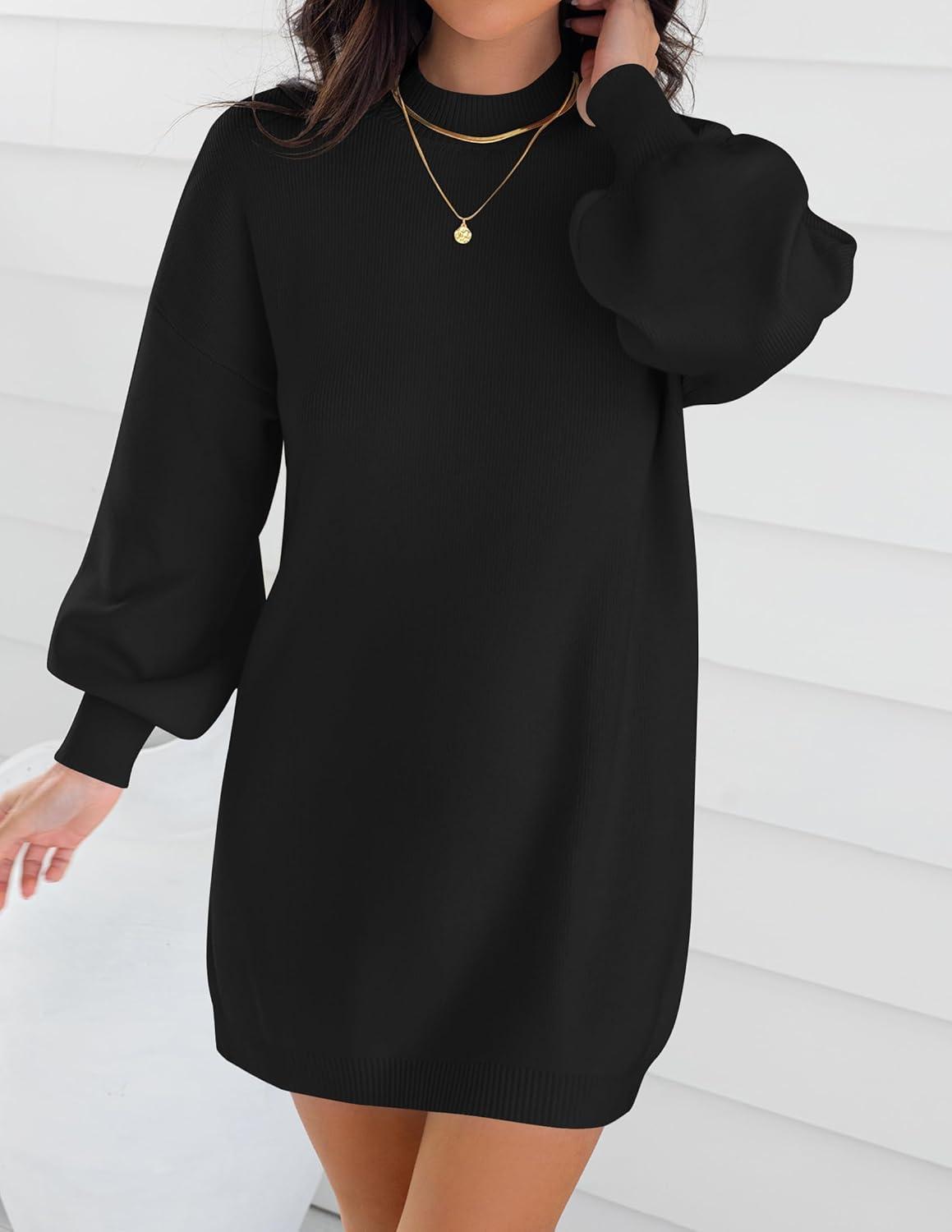 imageZESICA Womens 2026 Spring Turtleneck Sweater Dress Oversized Long Lantern Sleeve Casual Knit Pullover Mini DressesBlack