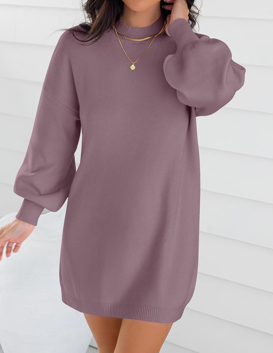 imageZESICA Womens 2026 Spring Turtleneck Sweater Dress Oversized Long Lantern Sleeve Casual Knit Pullover Mini DressesDarkviolet