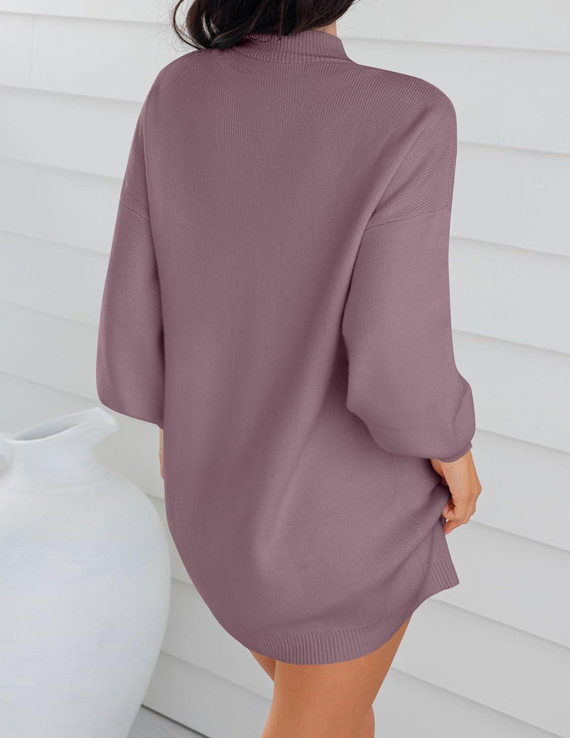 imageZESICA Womens 2026 Spring Turtleneck Sweater Dress Oversized Long Lantern Sleeve Casual Knit Pullover Mini DressesDarkviolet