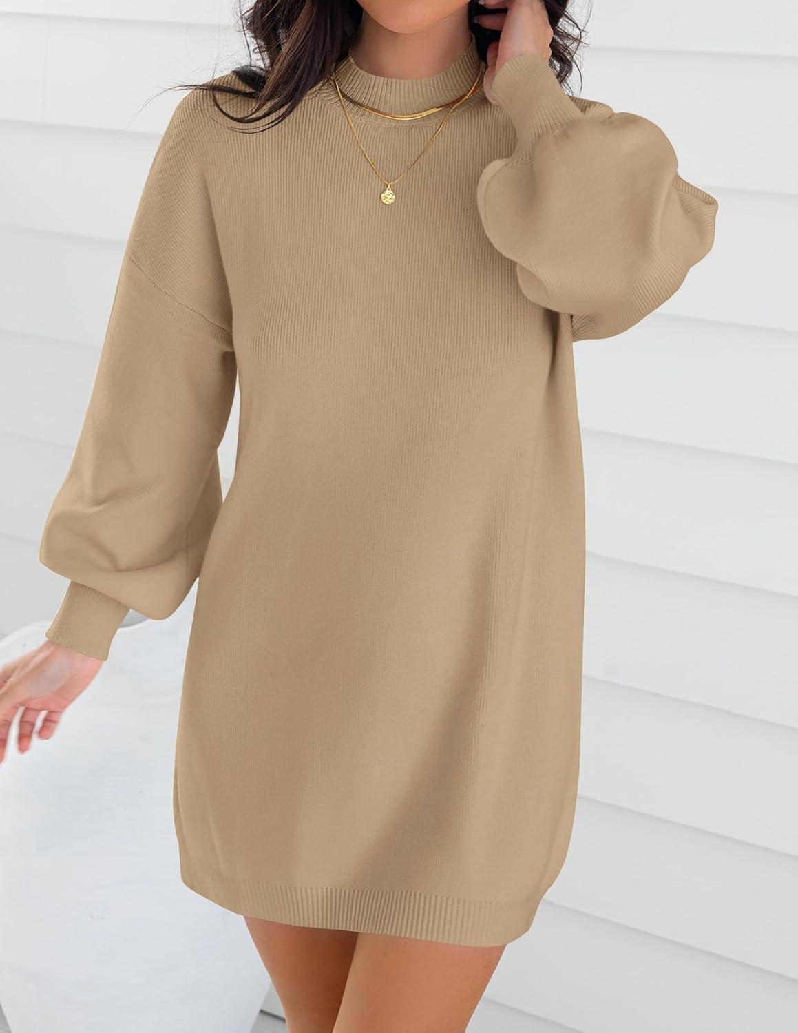 imageZESICA Womens 2026 Spring Turtleneck Sweater Dress Oversized Long Lantern Sleeve Casual Knit Pullover Mini DressesLightcamel