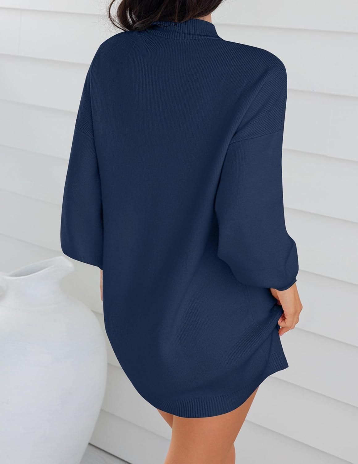 imageZESICA Womens 2026 Spring Turtleneck Sweater Dress Oversized Long Lantern Sleeve Casual Knit Pullover Mini DressesNavy