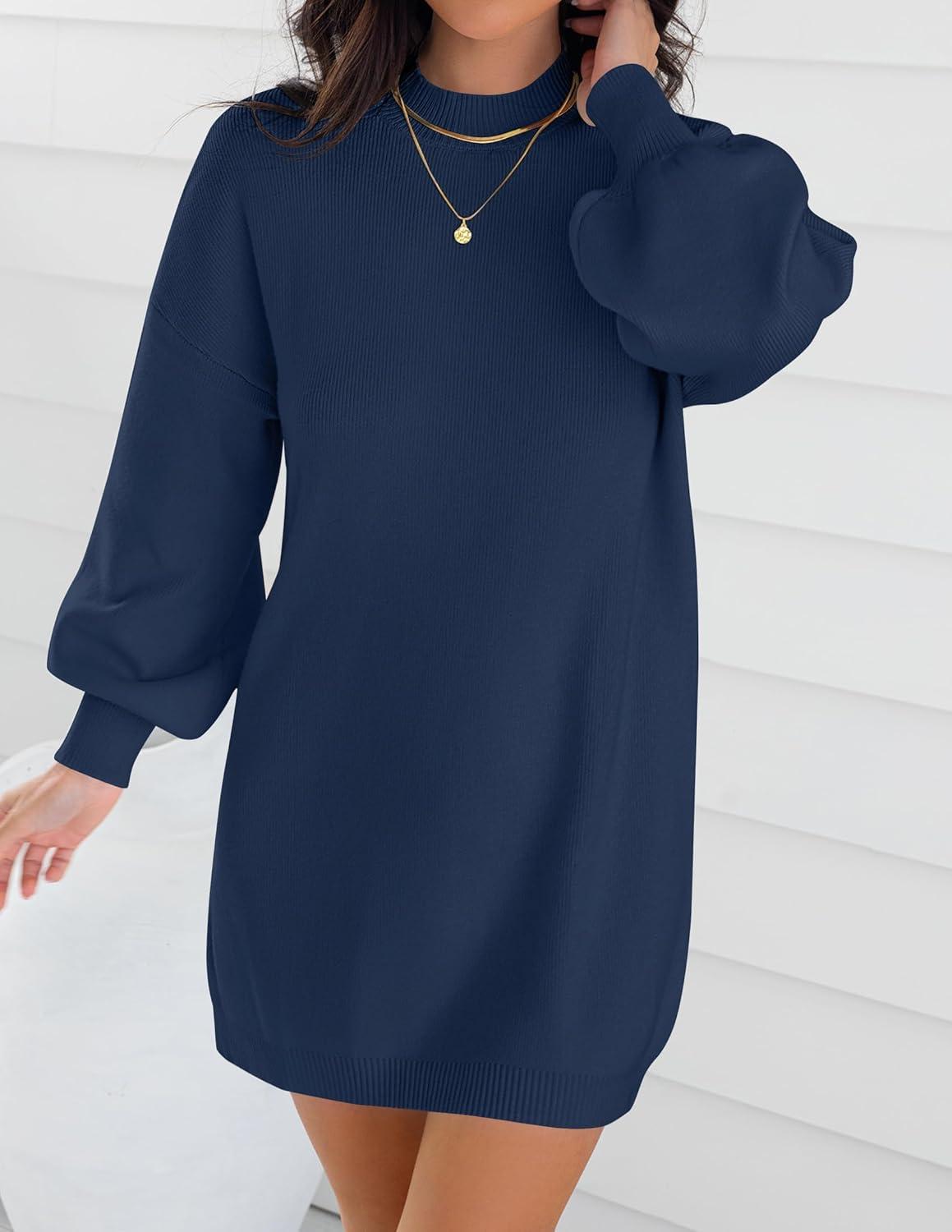 imageZESICA Womens 2026 Spring Turtleneck Sweater Dress Oversized Long Lantern Sleeve Casual Knit Pullover Mini DressesNavy