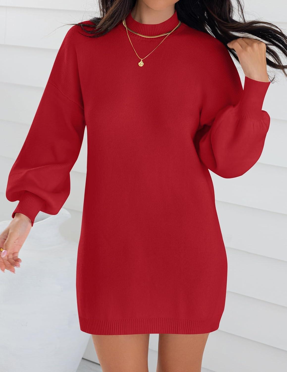 imageZESICA Womens 2026 Spring Turtleneck Sweater Dress Oversized Long Lantern Sleeve Casual Knit Pullover Mini DressesRed