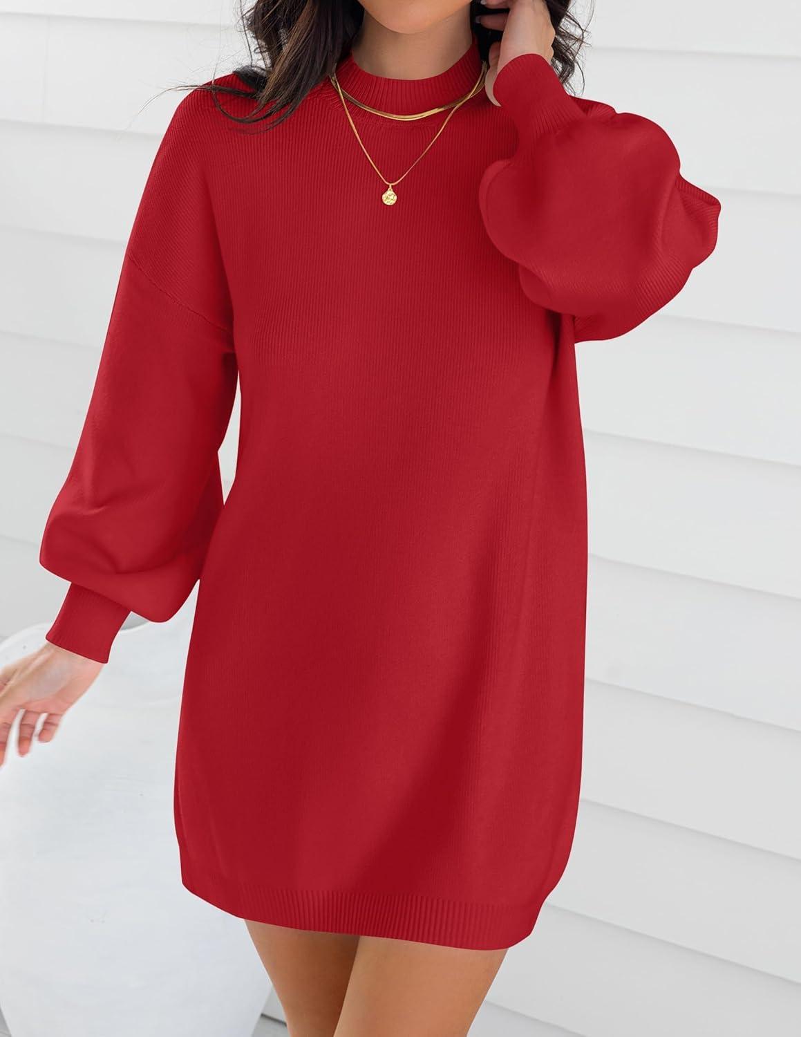 imageZESICA Womens 2026 Spring Turtleneck Sweater Dress Oversized Long Lantern Sleeve Casual Knit Pullover Mini DressesRed