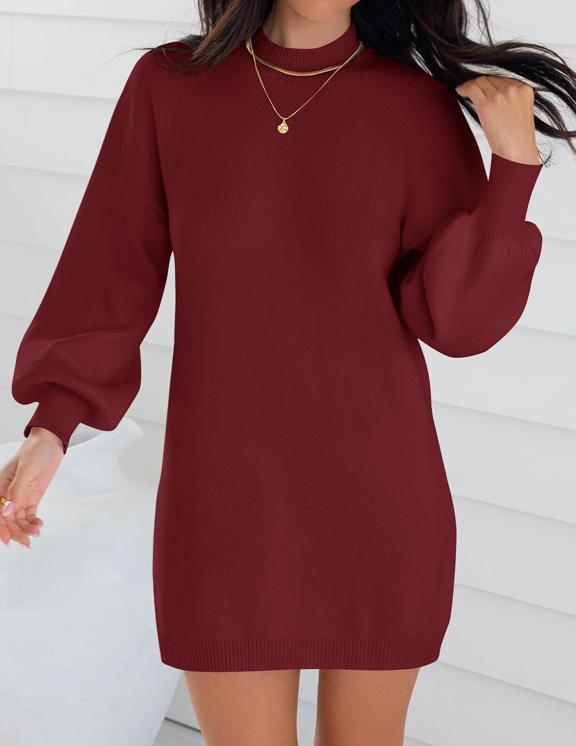 imageZESICA Womens 2026 Spring Turtleneck Sweater Dress Oversized Long Lantern Sleeve Casual Knit Pullover Mini DressesWine