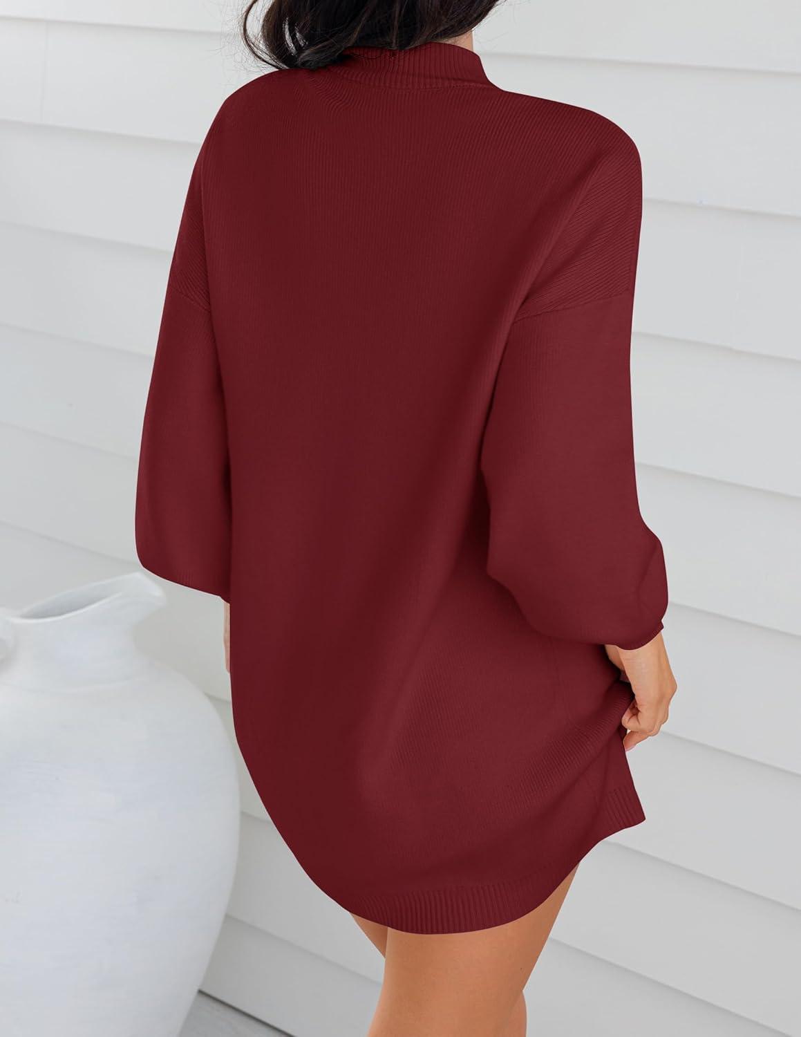 imageZESICA Womens 2026 Spring Turtleneck Sweater Dress Oversized Long Lantern Sleeve Casual Knit Pullover Mini DressesWine