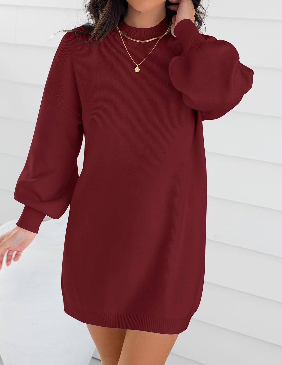 imageZESICA Womens 2026 Spring Turtleneck Sweater Dress Oversized Long Lantern Sleeve Casual Knit Pullover Mini DressesWine