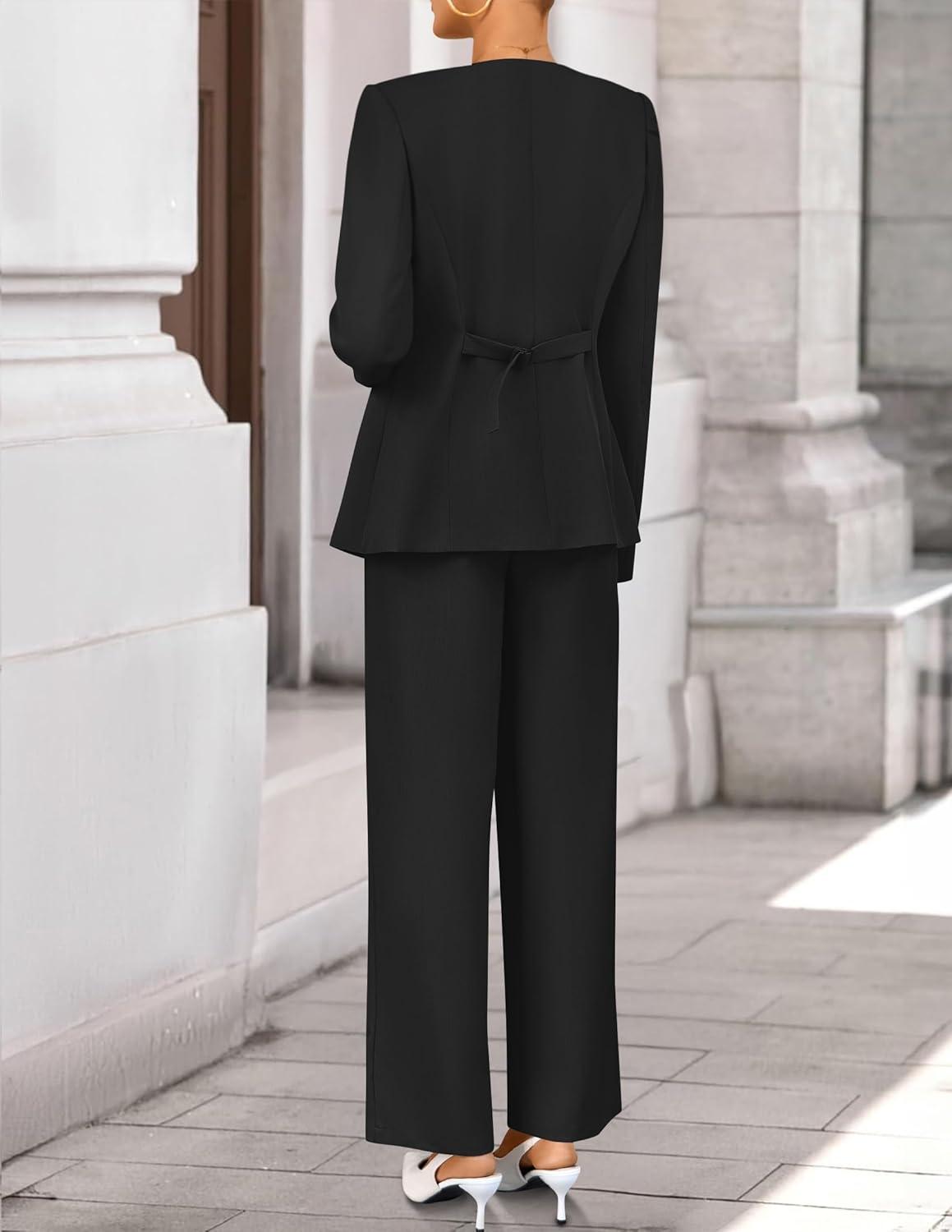imageZESICA Womens 2026 Spring Two Piece Suits Set Casual Business Long Sleeve Blazer Jacket Wide Leg Pants Work Outfits SetsBlack