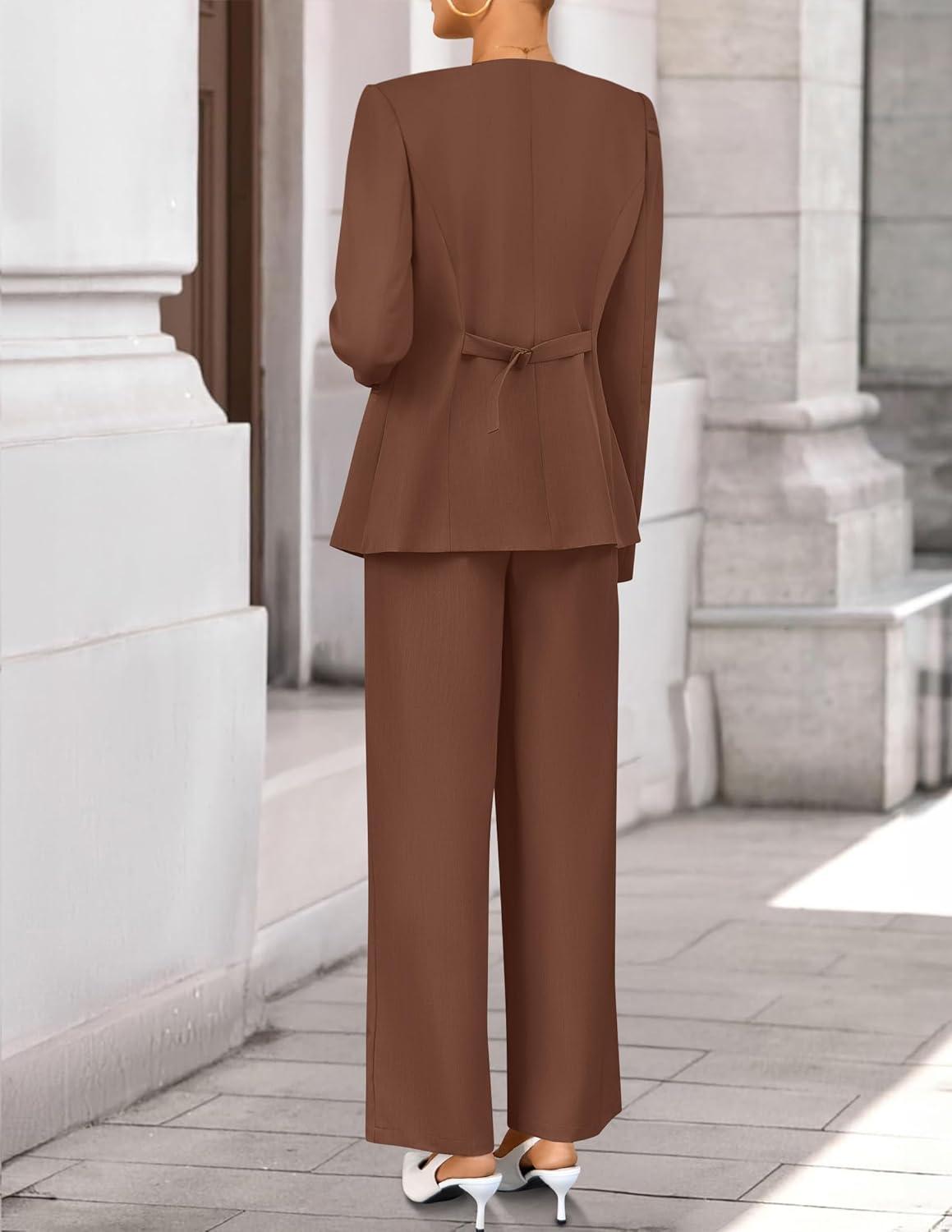 imageZESICA Womens 2026 Spring Two Piece Suits Set Casual Business Long Sleeve Blazer Jacket Wide Leg Pants Work Outfits SetsBrown