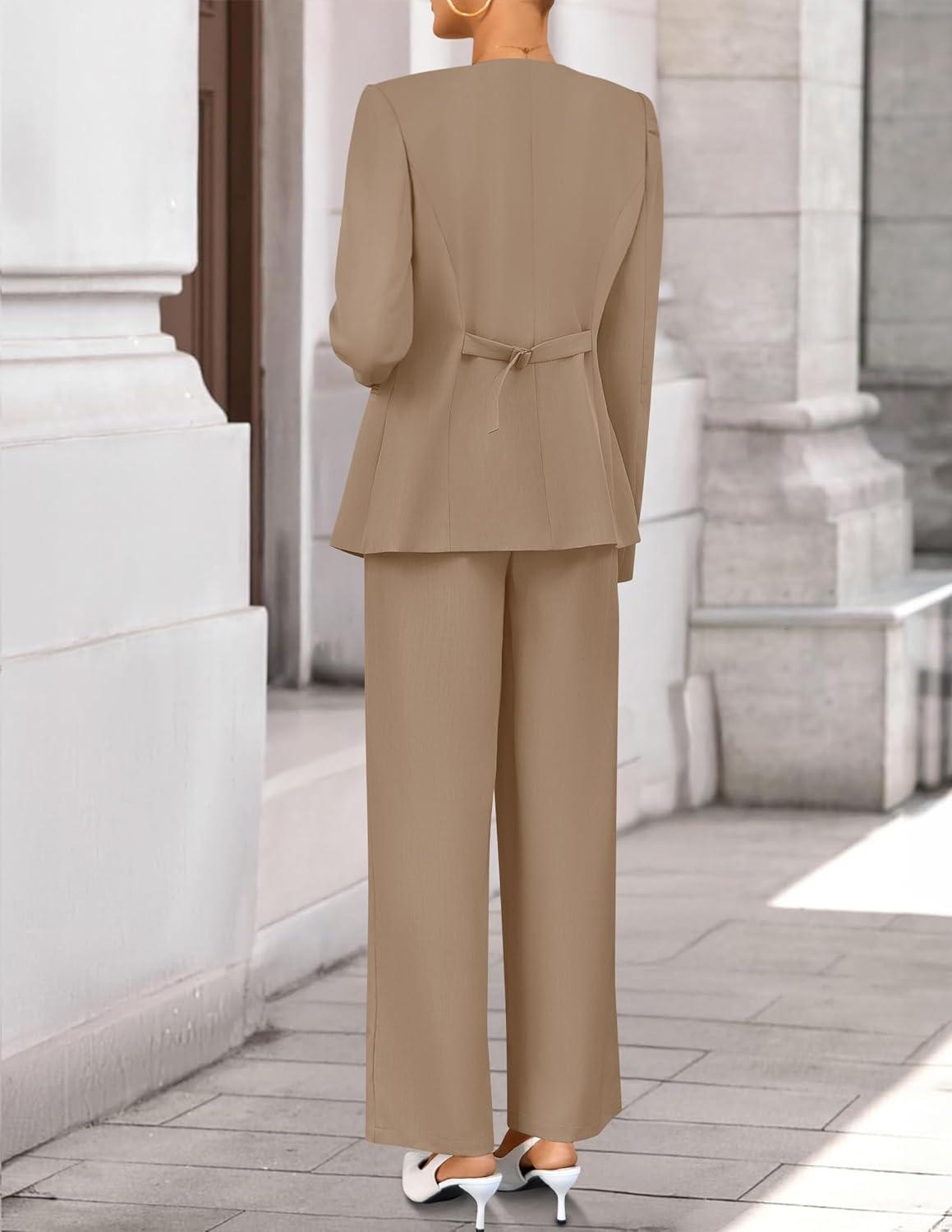 imageZESICA Womens 2026 Spring Two Piece Suits Set Casual Business Long Sleeve Blazer Jacket Wide Leg Pants Work Outfits SetsKhaki