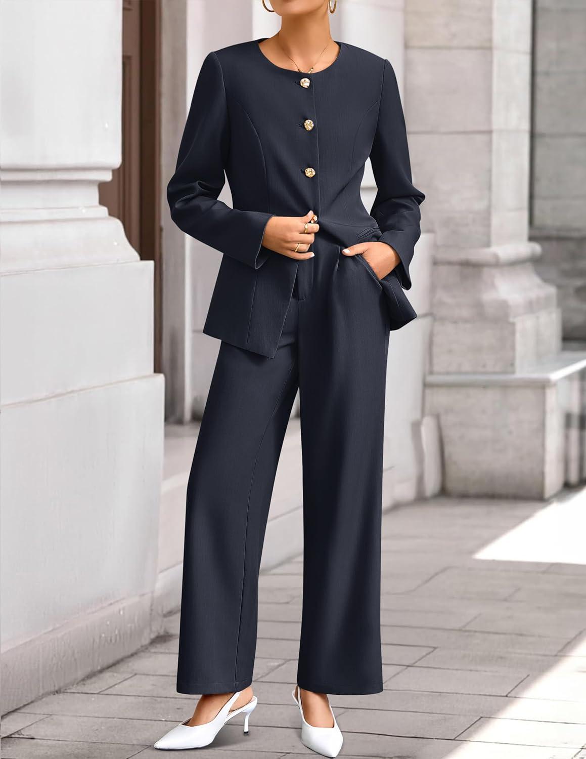 imageZESICA Womens 2026 Spring Two Piece Suits Set Casual Business Long Sleeve Blazer Jacket Wide Leg Pants Work Outfits SetsNavy