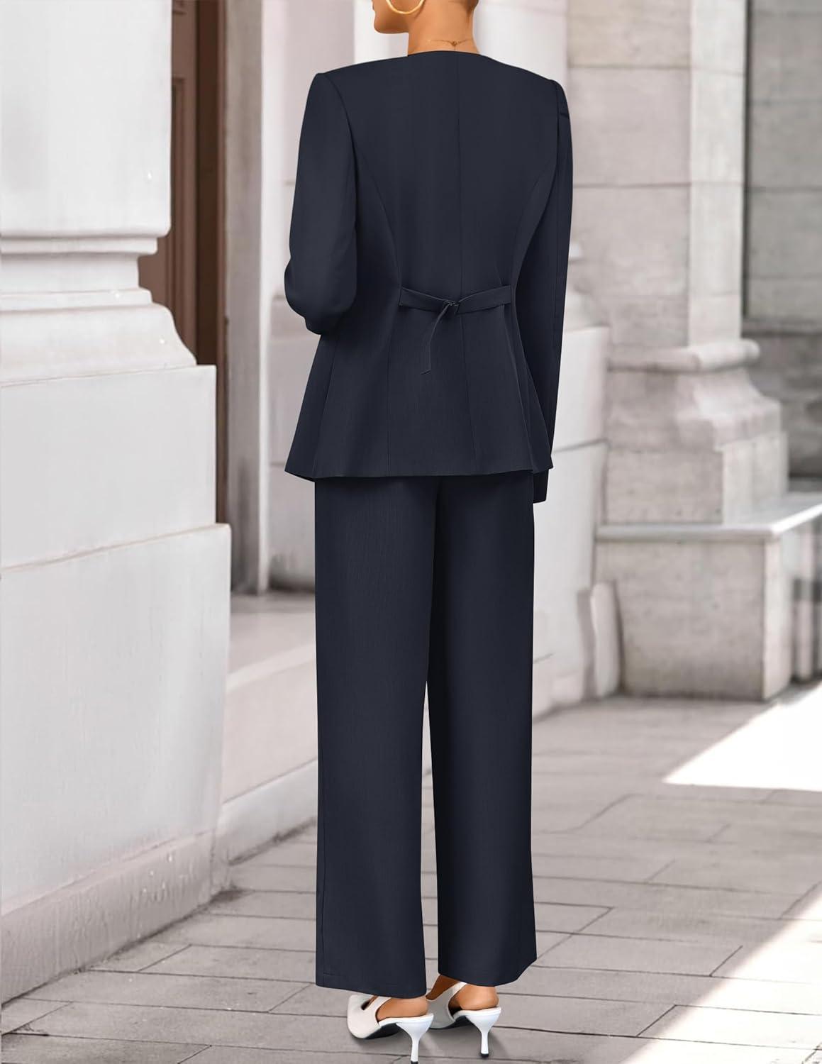 imageZESICA Womens 2026 Spring Two Piece Suits Set Casual Business Long Sleeve Blazer Jacket Wide Leg Pants Work Outfits SetsNavy