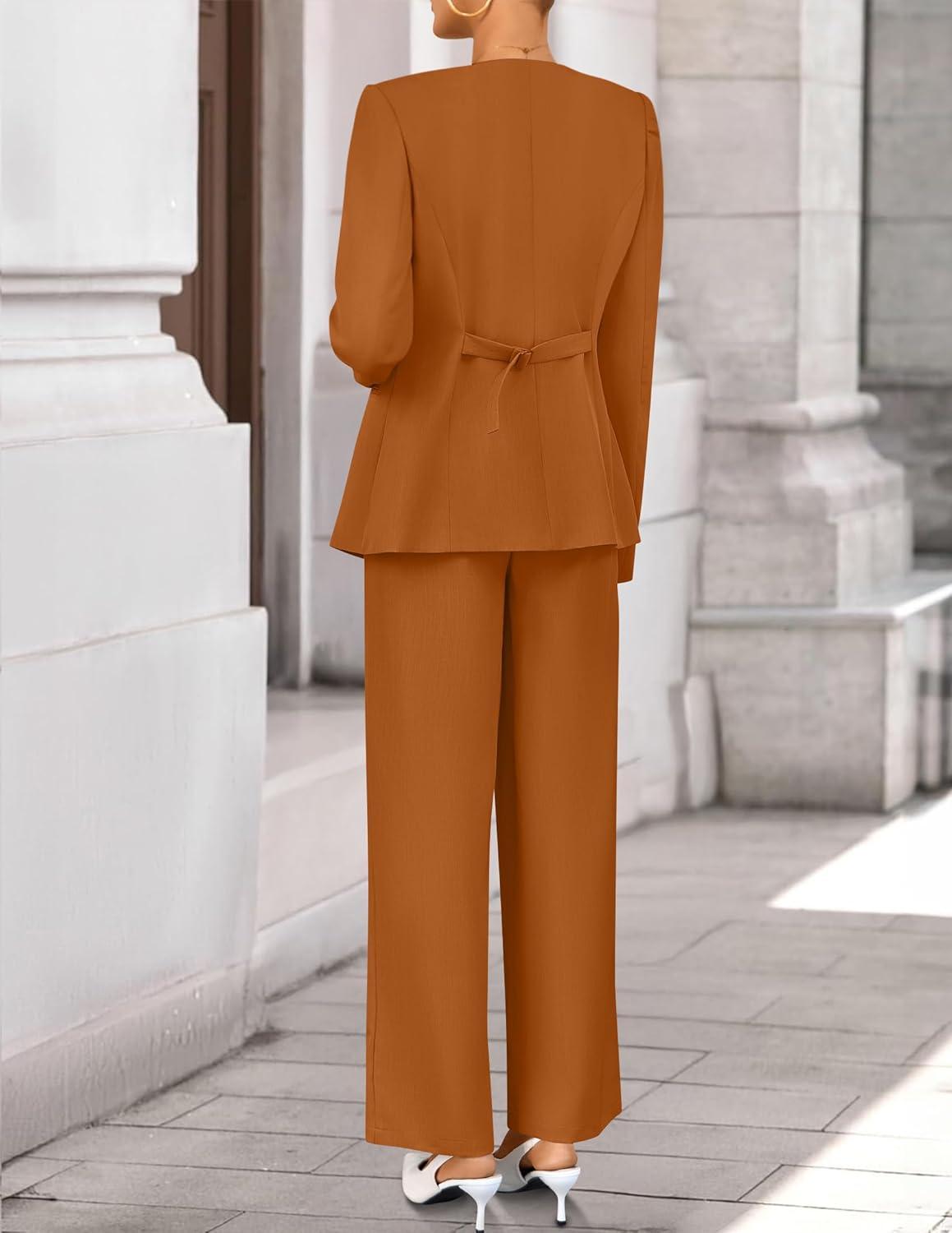 imageZESICA Womens 2026 Spring Two Piece Suits Set Casual Business Long Sleeve Blazer Jacket Wide Leg Pants Work Outfits SetsRust