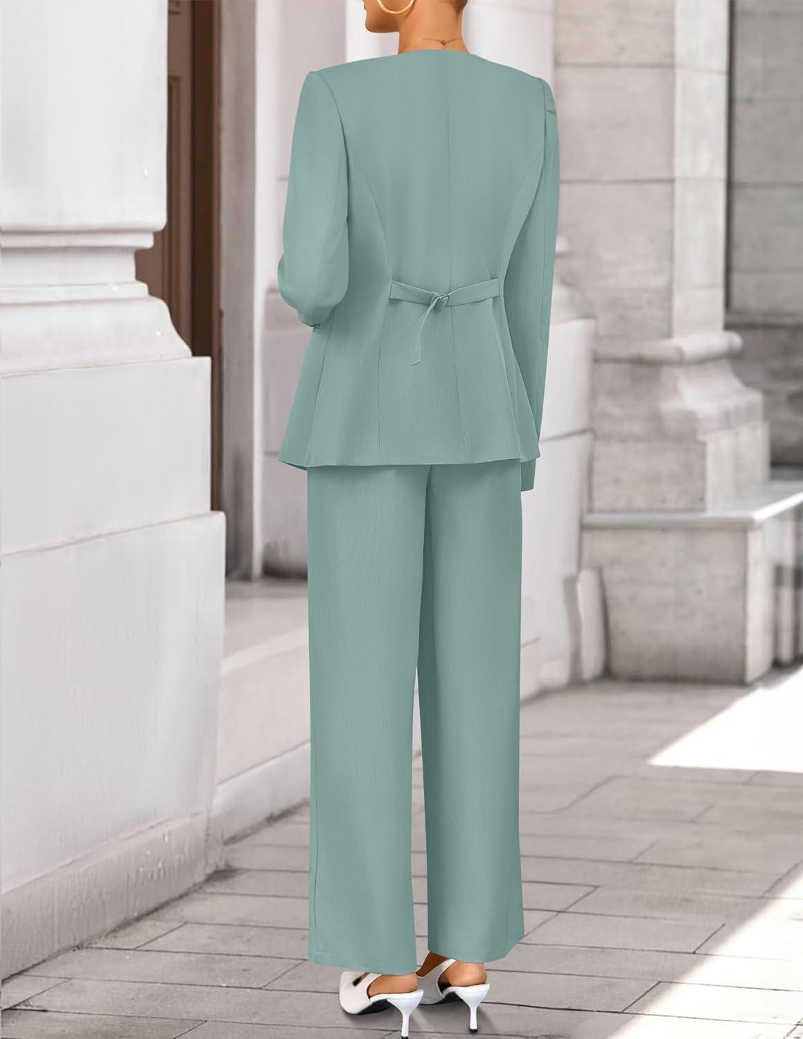 imageZESICA Womens 2026 Spring Two Piece Suits Set Casual Business Long Sleeve Blazer Jacket Wide Leg Pants Work Outfits SetsSage