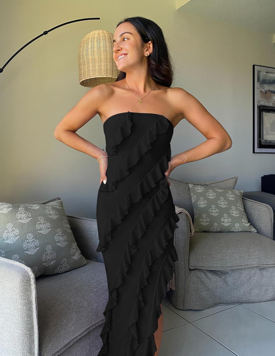 imageZESICA Womens 2026 Strapless Bodycon Dress Sexy Off Shoulder Mesh Tassel Ruffle Side Split Tube Party Maxi DressesBlack