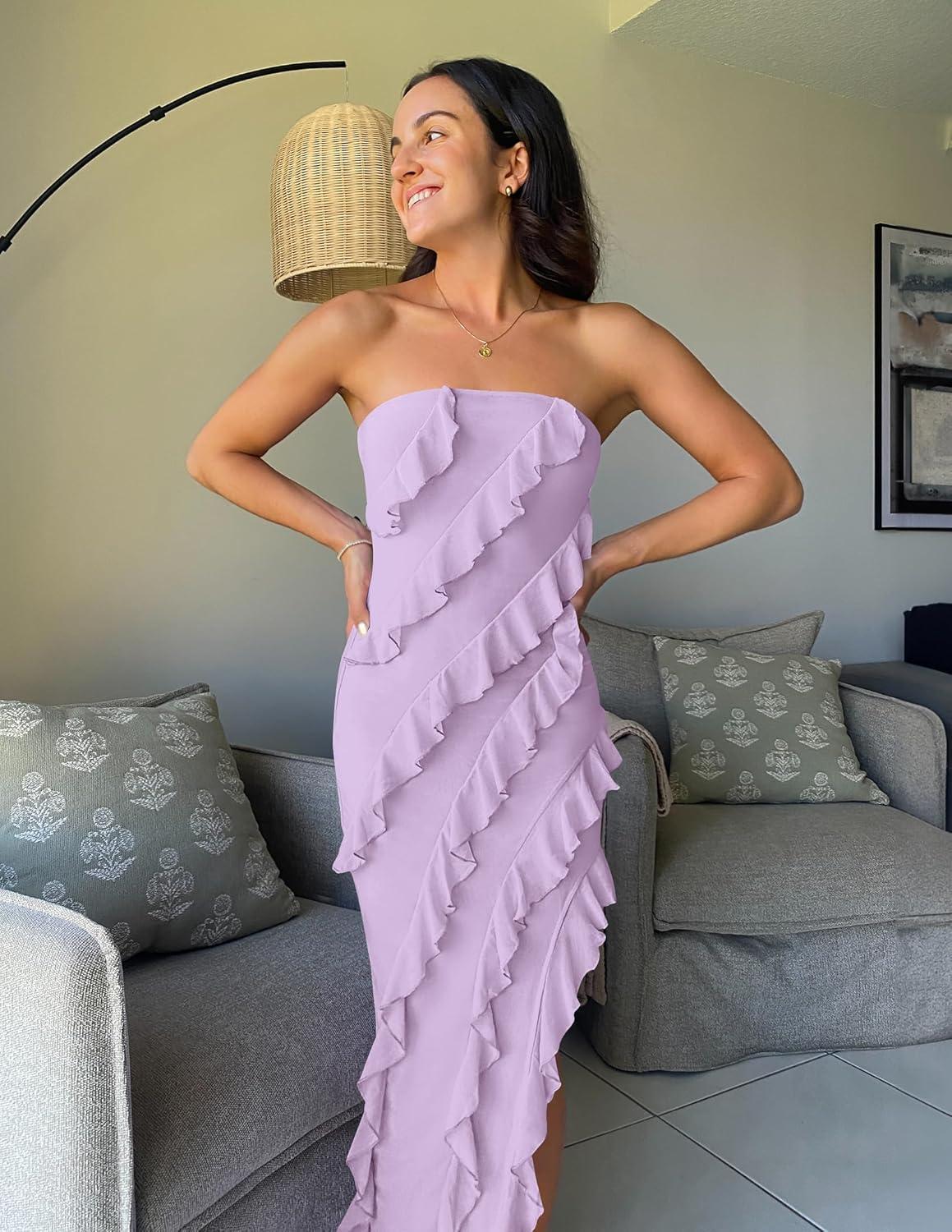 imageZESICA Womens 2026 Strapless Bodycon Dress Sexy Off Shoulder Mesh Tassel Ruffle Side Split Tube Party Maxi DressesPurple