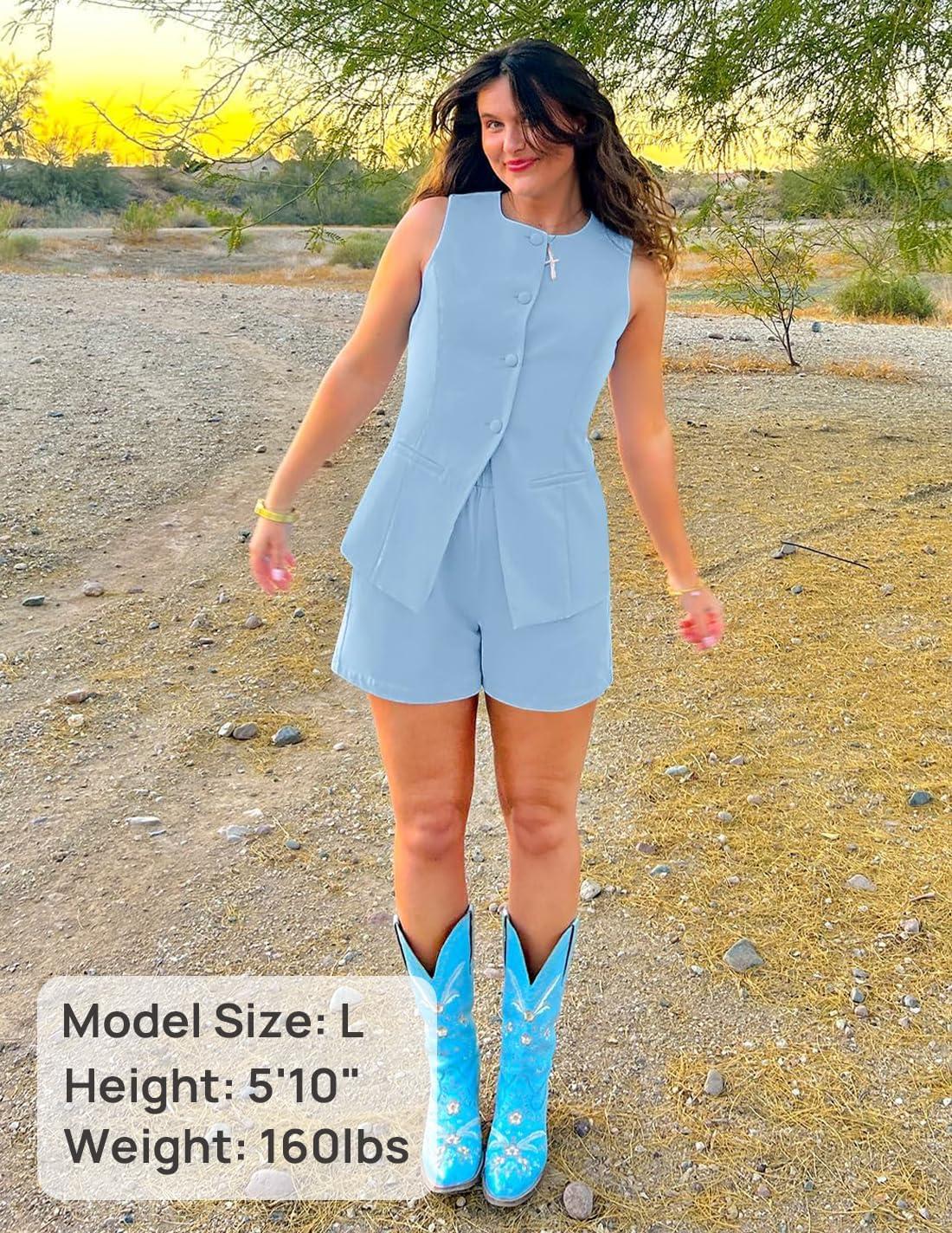 imageZESICA Womens 2026 Summer 2 Piece Short Sets Sleeveless Crew Neck Suit Vest Tops High Waist Shorts Business OutfitsBlue
