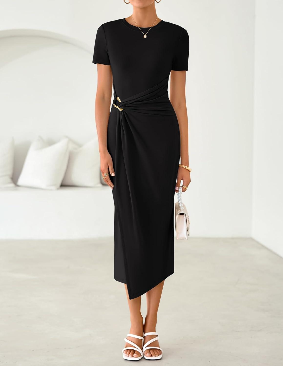 imageZESICA Womens 2026 Summer Short Sleeve Bodycon Midi Dress Crewneck Ruched Split Wedding Guest Cocktail Wrap DressesBlack