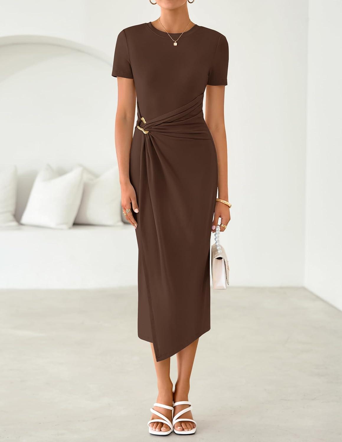 imageZESICA Womens 2026 Summer Short Sleeve Bodycon Midi Dress Crewneck Ruched Split Wedding Guest Cocktail Wrap DressesCoffee