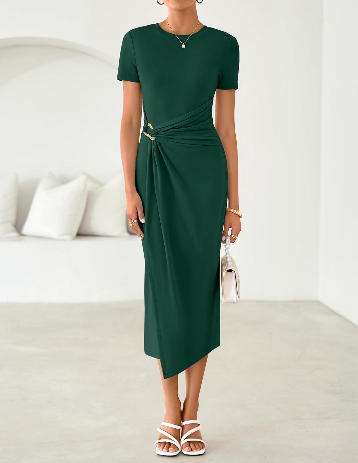 imageZESICA Womens 2026 Summer Short Sleeve Bodycon Midi Dress Crewneck Ruched Split Wedding Guest Cocktail Wrap DressesGreen
