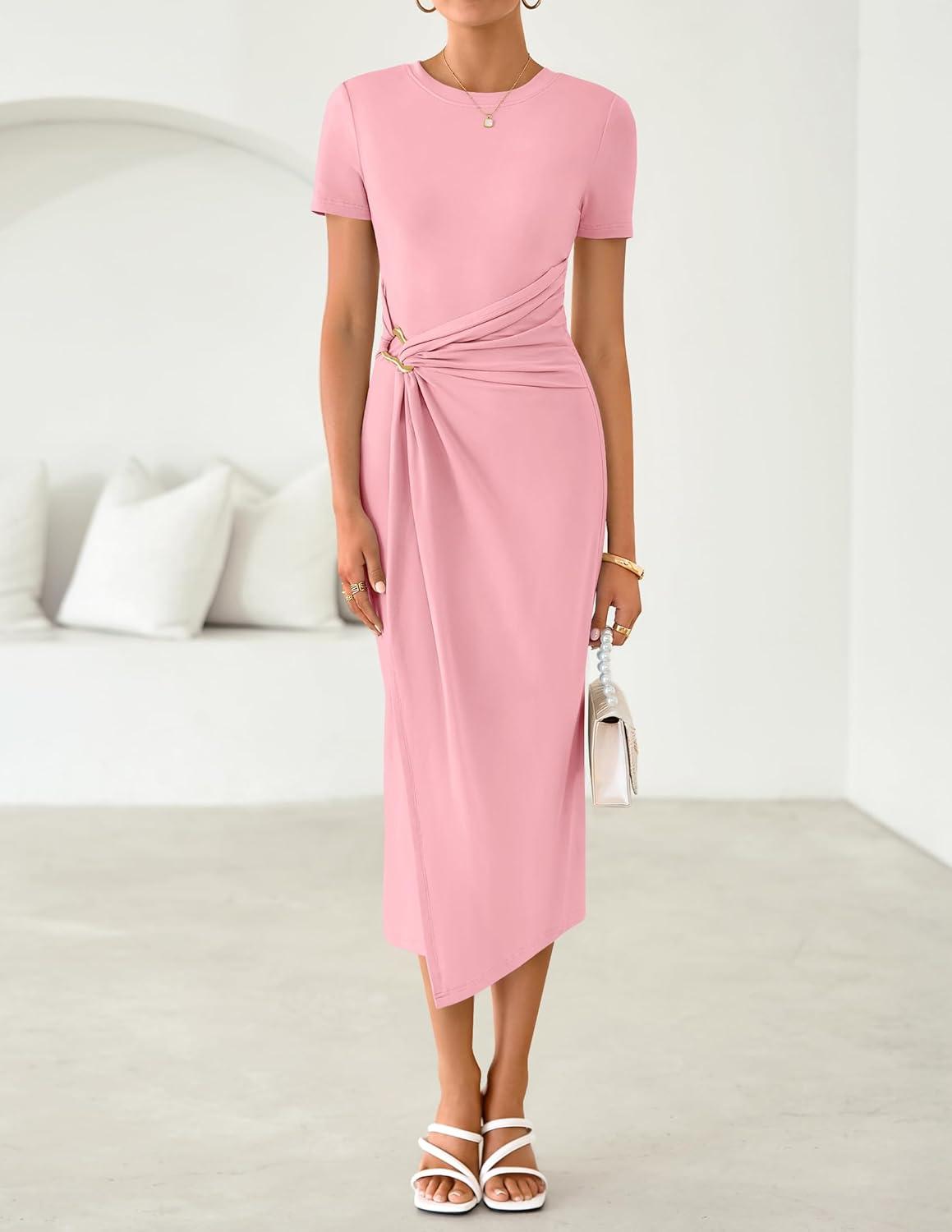 imageZESICA Womens 2026 Summer Short Sleeve Bodycon Midi Dress Crewneck Ruched Split Wedding Guest Cocktail Wrap DressesPink
