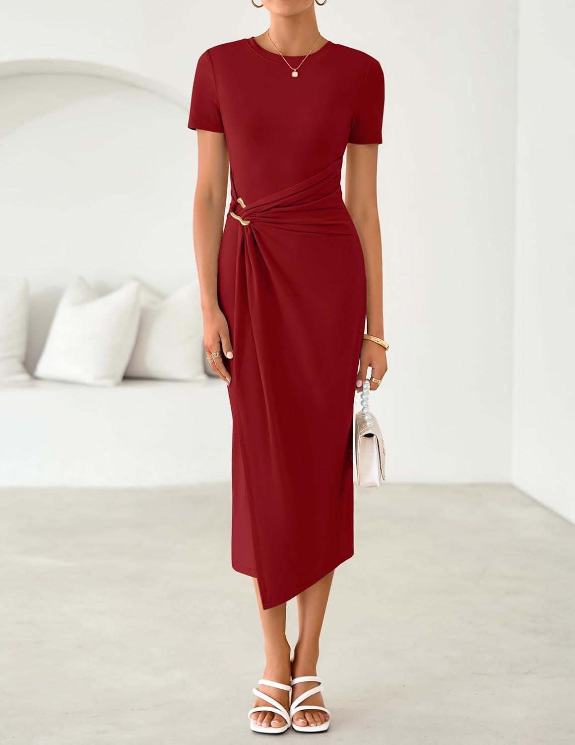imageZESICA Womens 2026 Summer Short Sleeve Bodycon Midi Dress Crewneck Ruched Split Wedding Guest Cocktail Wrap DressesRed