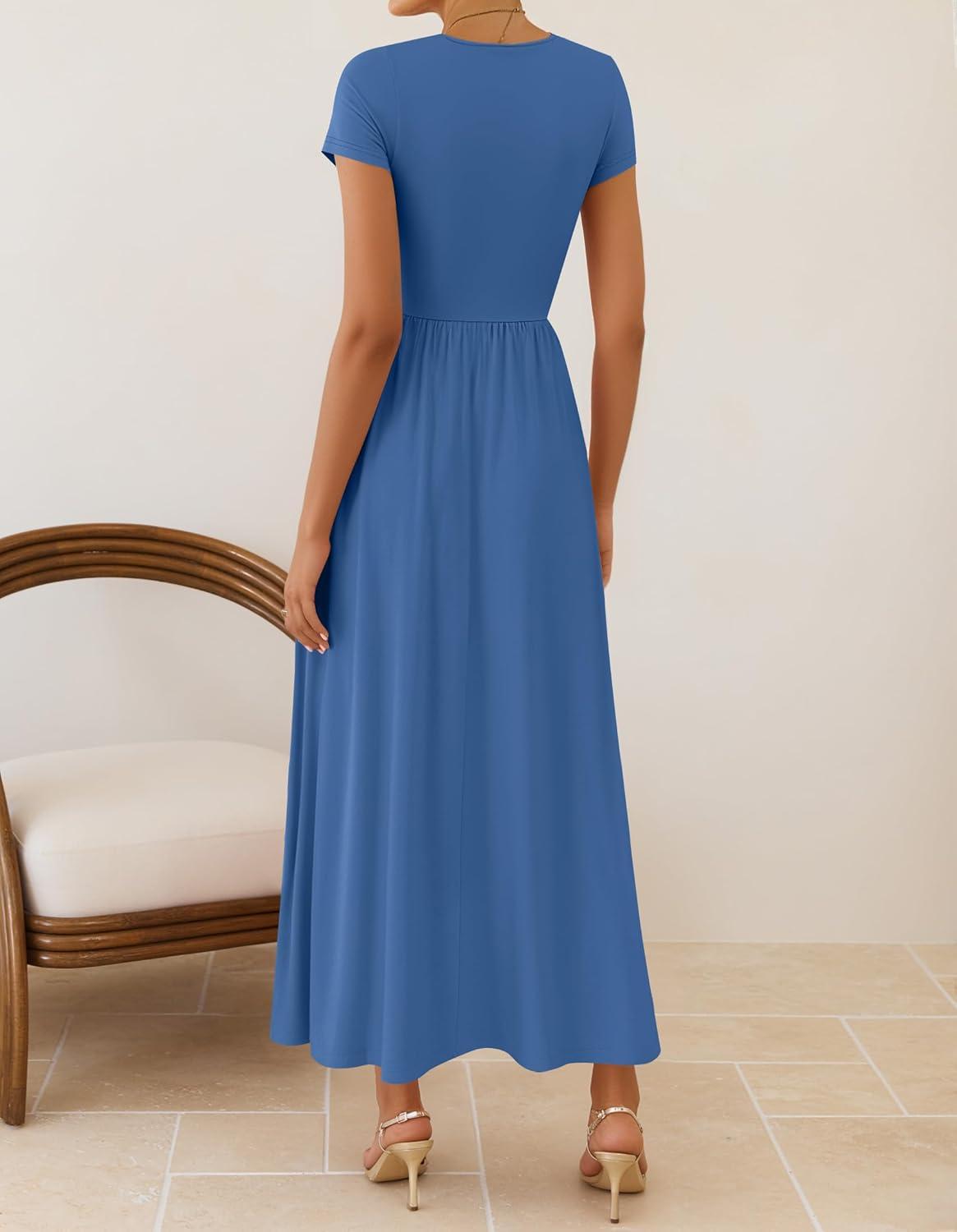 imageZESICA Womens 2026 Summer Short Sleeve Maxi Dresses Twist Front Wedding Guest Cocktail Flowy A Line Long DressBlue