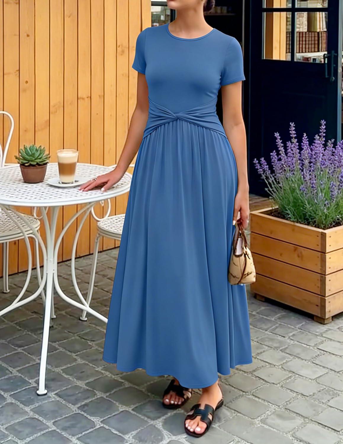 imageZESICA Womens 2026 Summer Short Sleeve Maxi Dresses Twist Front Wedding Guest Cocktail Flowy A Line Long DressBlue