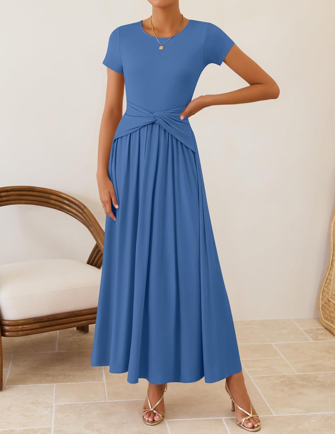 imageZESICA Womens 2026 Summer Short Sleeve Maxi Dresses Twist Front Wedding Guest Cocktail Flowy A Line Long DressBlue