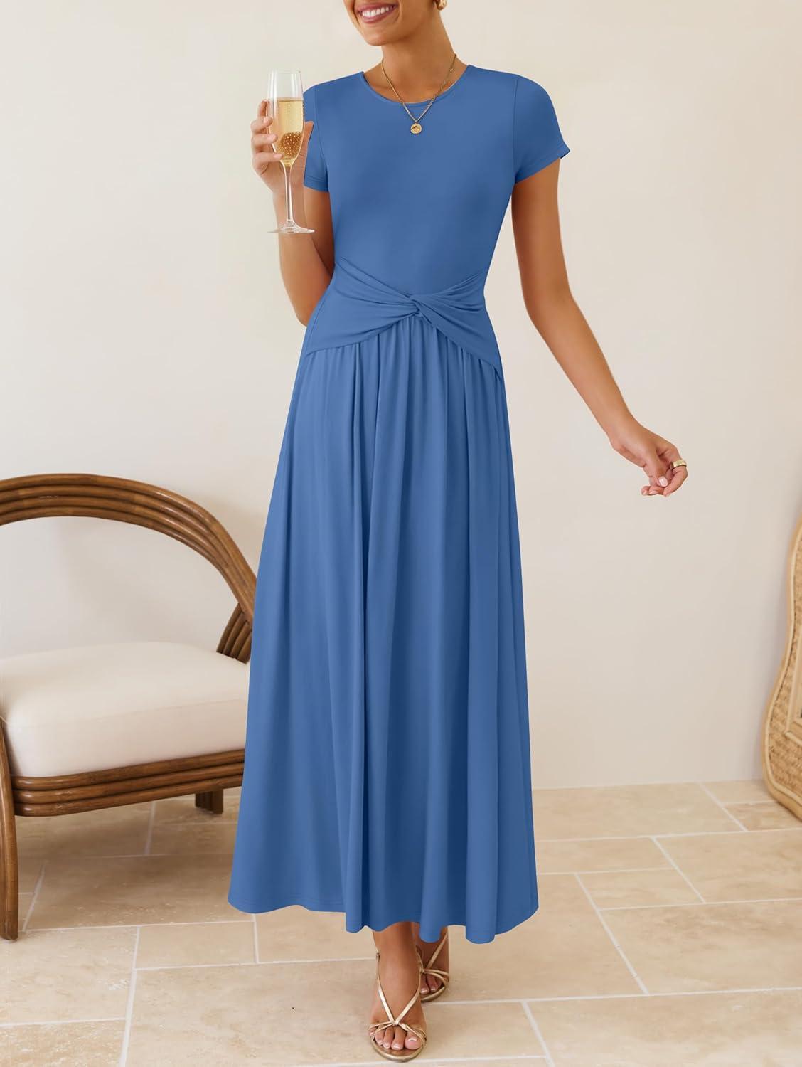 imageZESICA Womens 2026 Summer Short Sleeve Maxi Dresses Twist Front Wedding Guest Cocktail Flowy A Line Long DressBlue