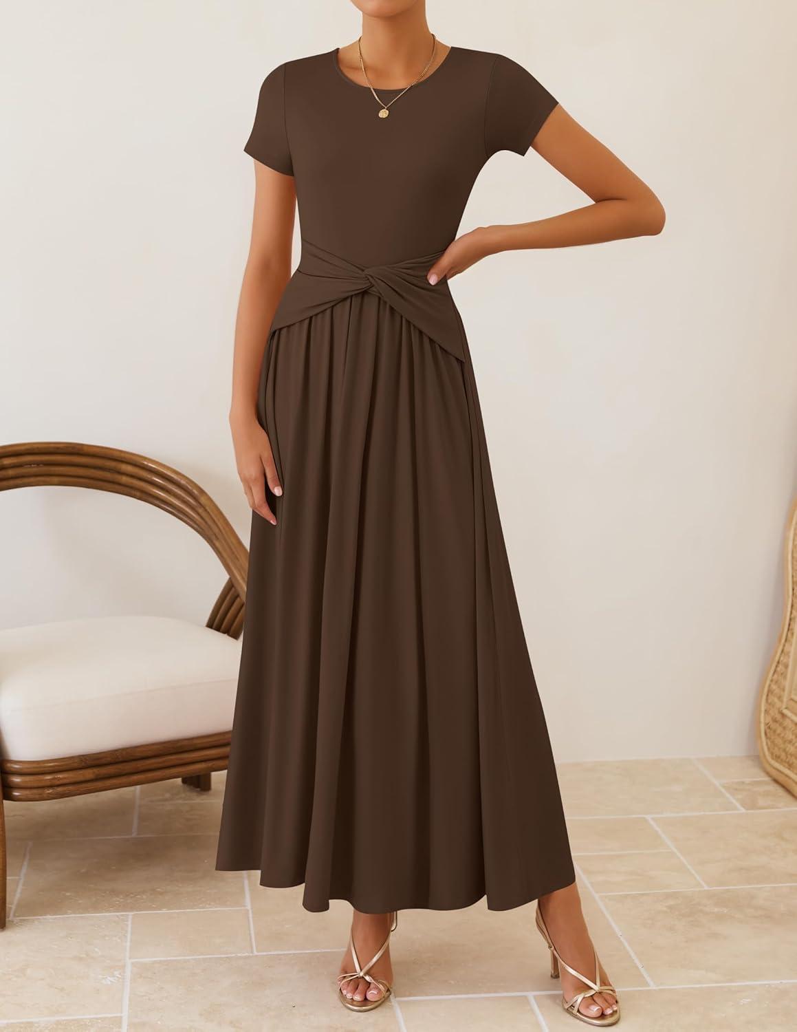 imageZESICA Womens 2026 Summer Short Sleeve Maxi Dresses Twist Front Wedding Guest Cocktail Flowy A Line Long DressBrown