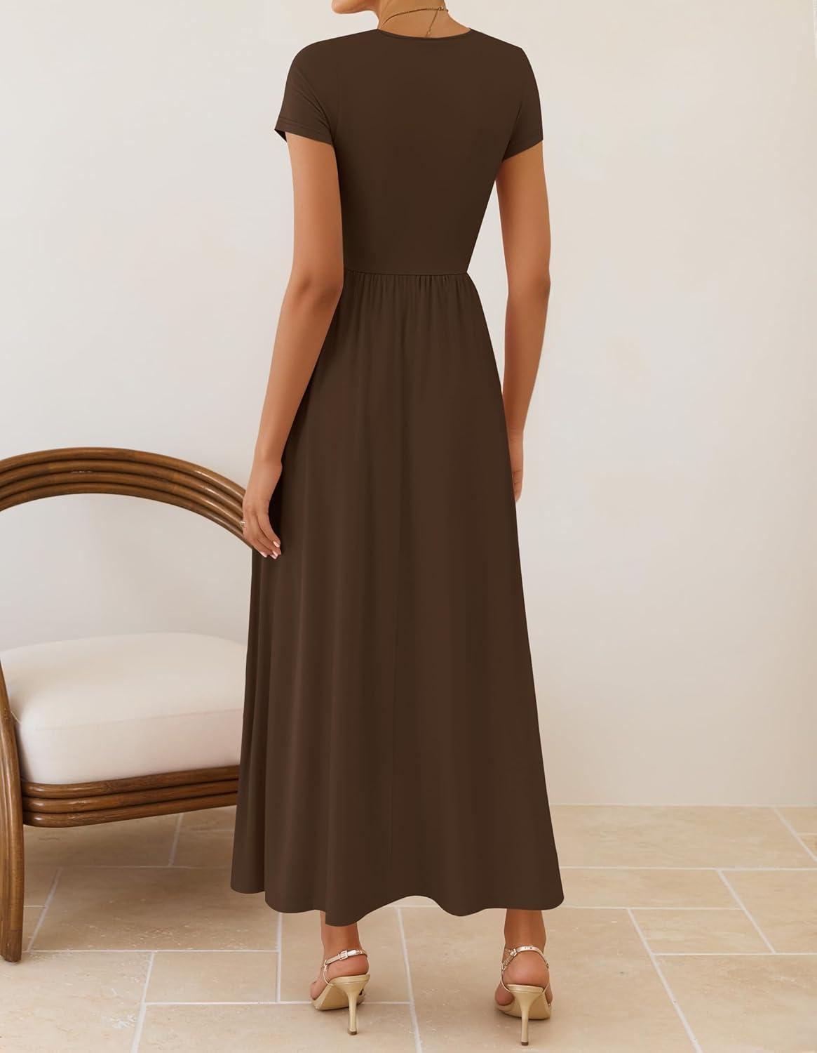 imageZESICA Womens 2026 Summer Short Sleeve Maxi Dresses Twist Front Wedding Guest Cocktail Flowy A Line Long DressBrown