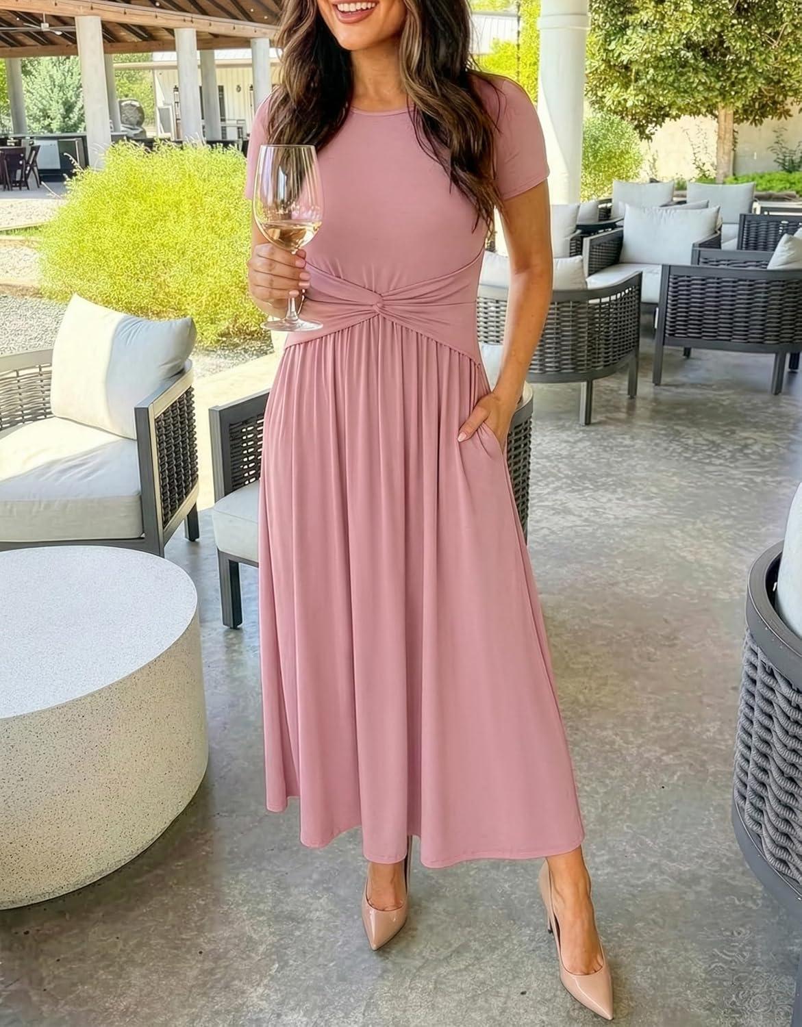 imageZESICA Womens 2026 Summer Short Sleeve Maxi Dresses Twist Front Wedding Guest Cocktail Flowy A Line Long DressPink
