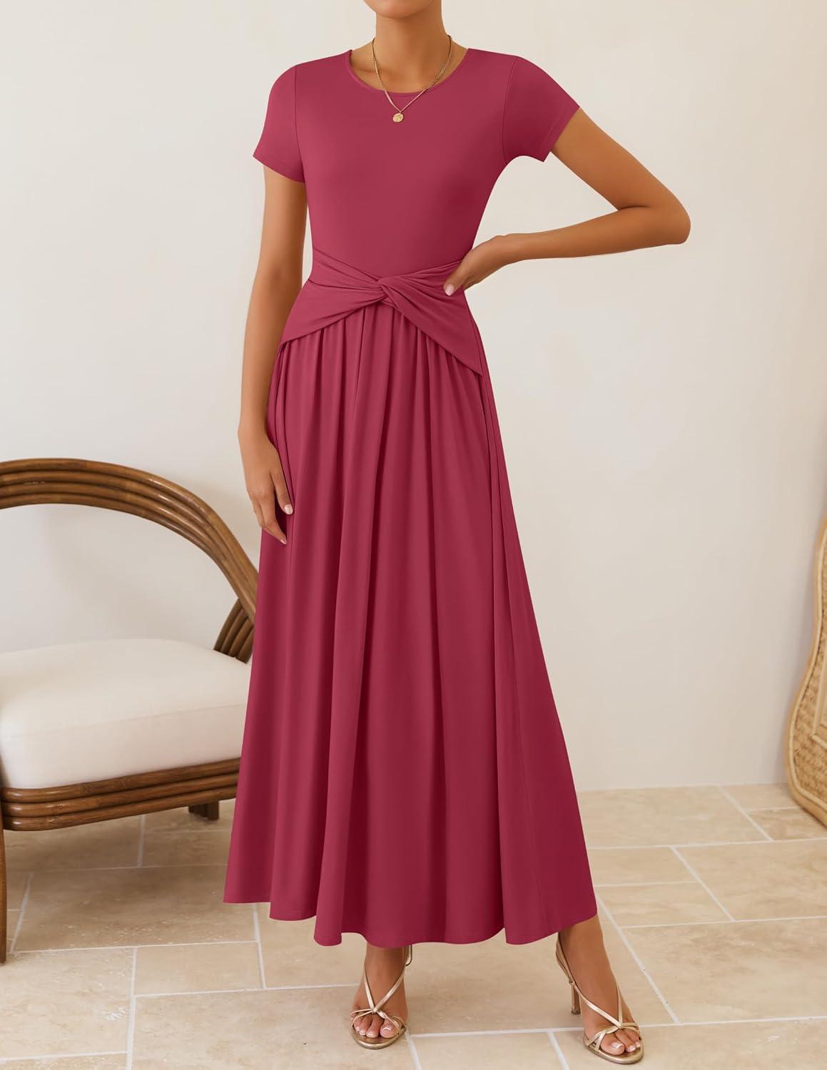 imageZESICA Womens 2026 Summer Short Sleeve Maxi Dresses Twist Front Wedding Guest Cocktail Flowy A Line Long DressRoseberry